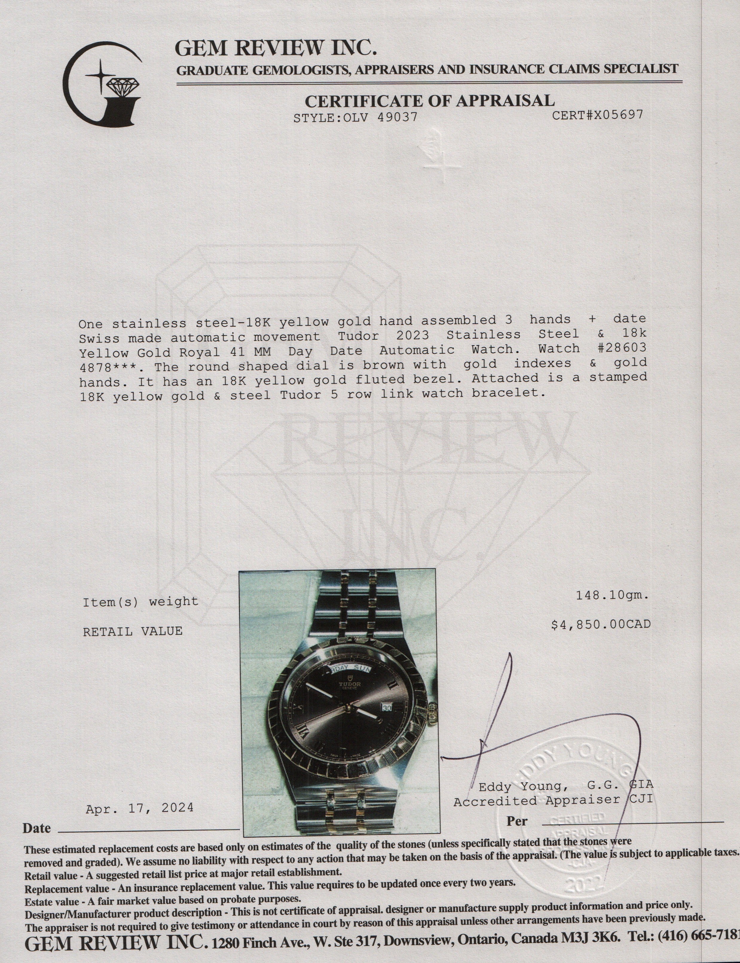 Tudor 2023 Stainless Steel & 18k Yellow Gold Royal 41 MM Day Date Automatic Watch w/ Box & Papers