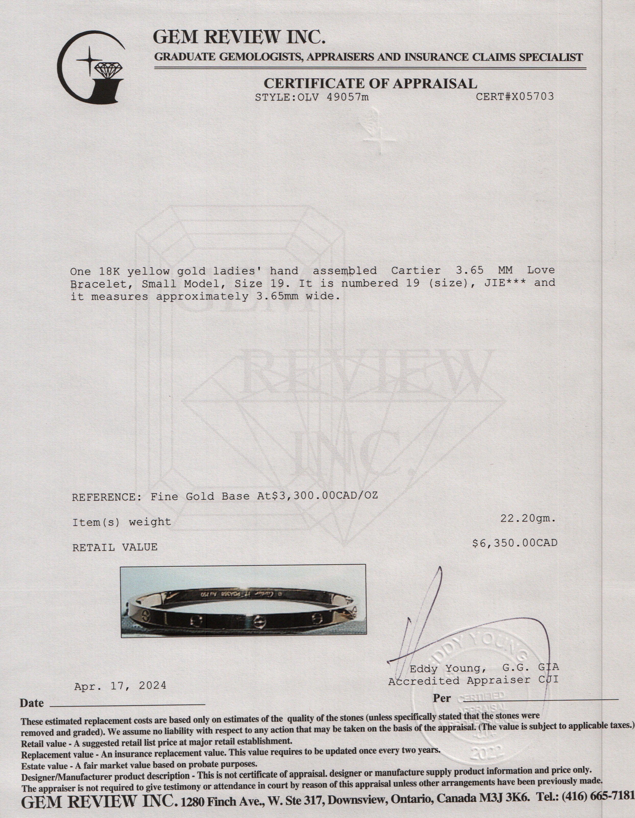 Cartier 18k Yellow Gold 3.65 MM Love Bracelet, Small Model, Size 19 w/ Pouch, Certificate & Receipt