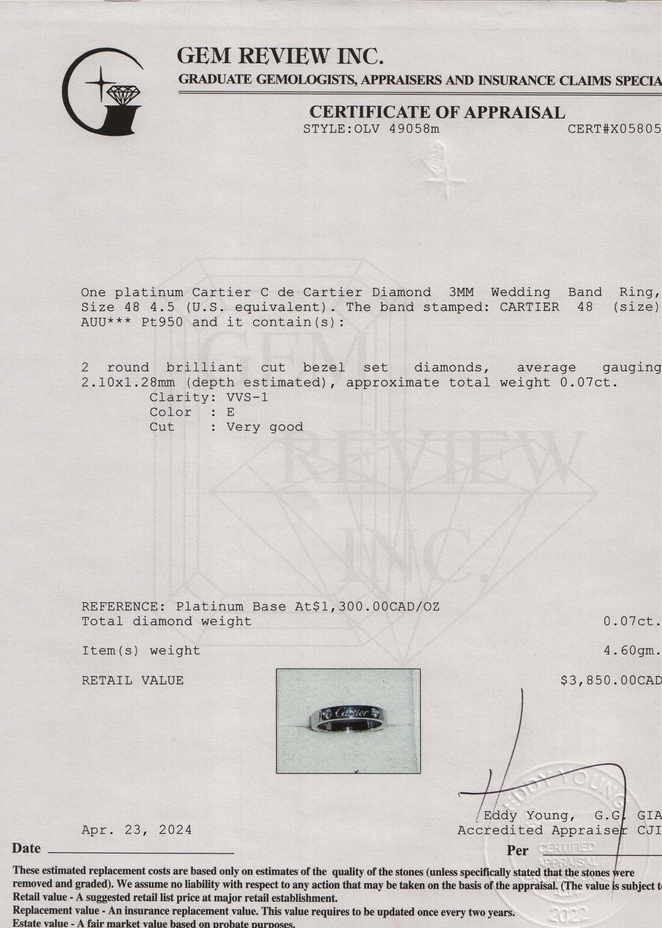 Cartier Platinum C de Cartier Diamond 3MM Wedding Band Ring, Size 48 4.5