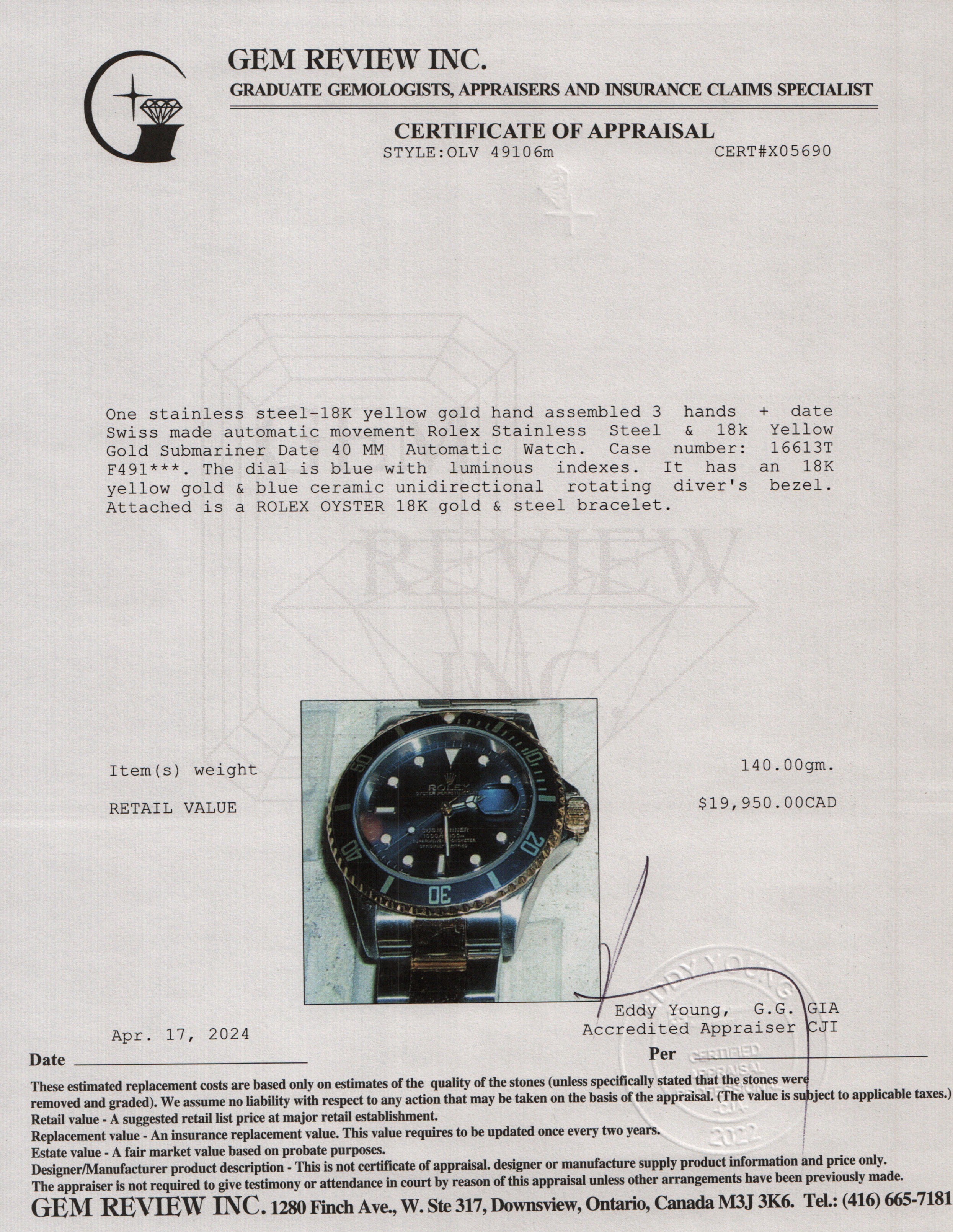 Rolex Stainless Steel & 18k Yellow Gold Submariner Date 40 MM Automatic Watch w/ Box & Papers