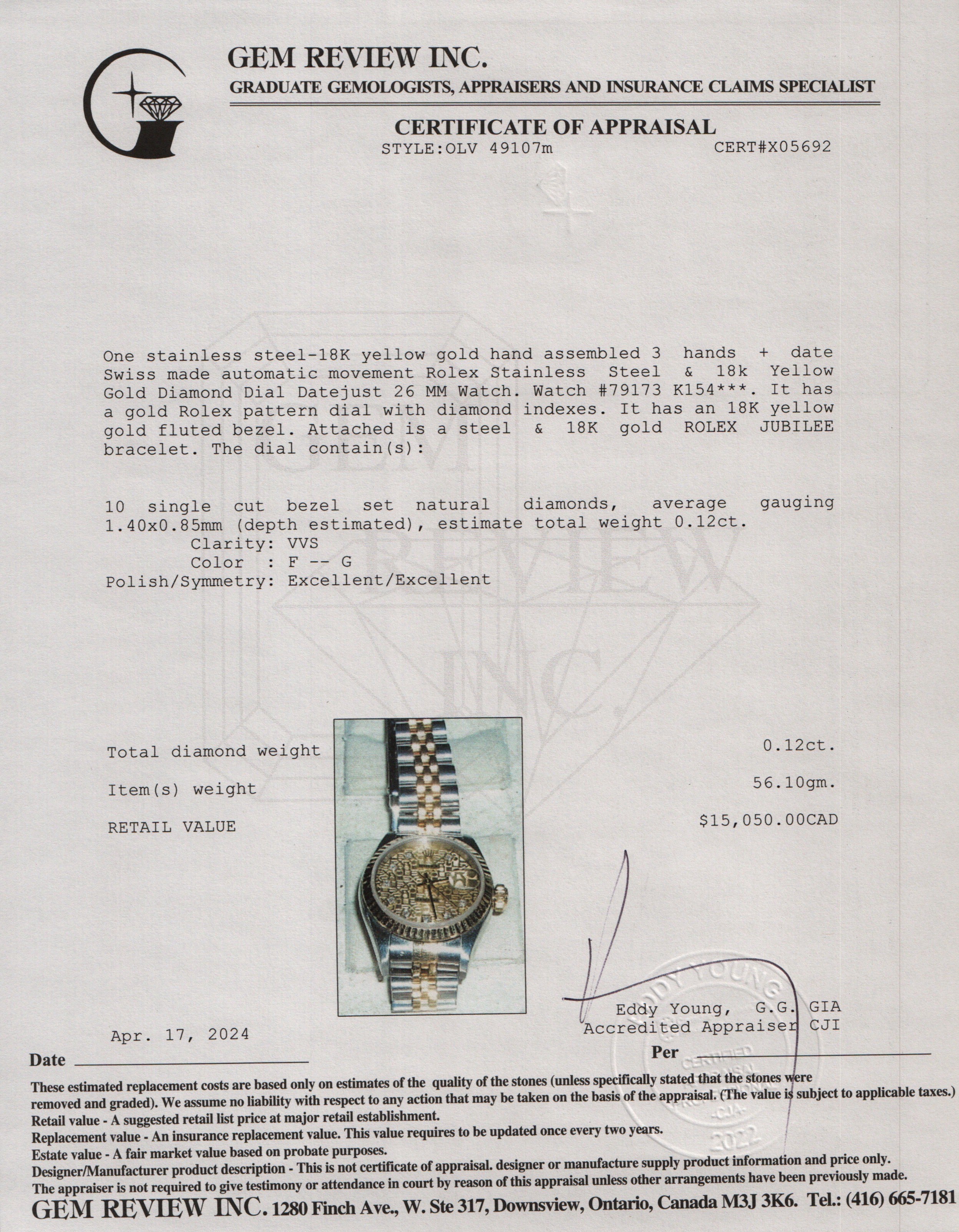 Rolex Stainless Steel & 18k Yellow Gold Diamond Dial Datejust 26 MM Watch