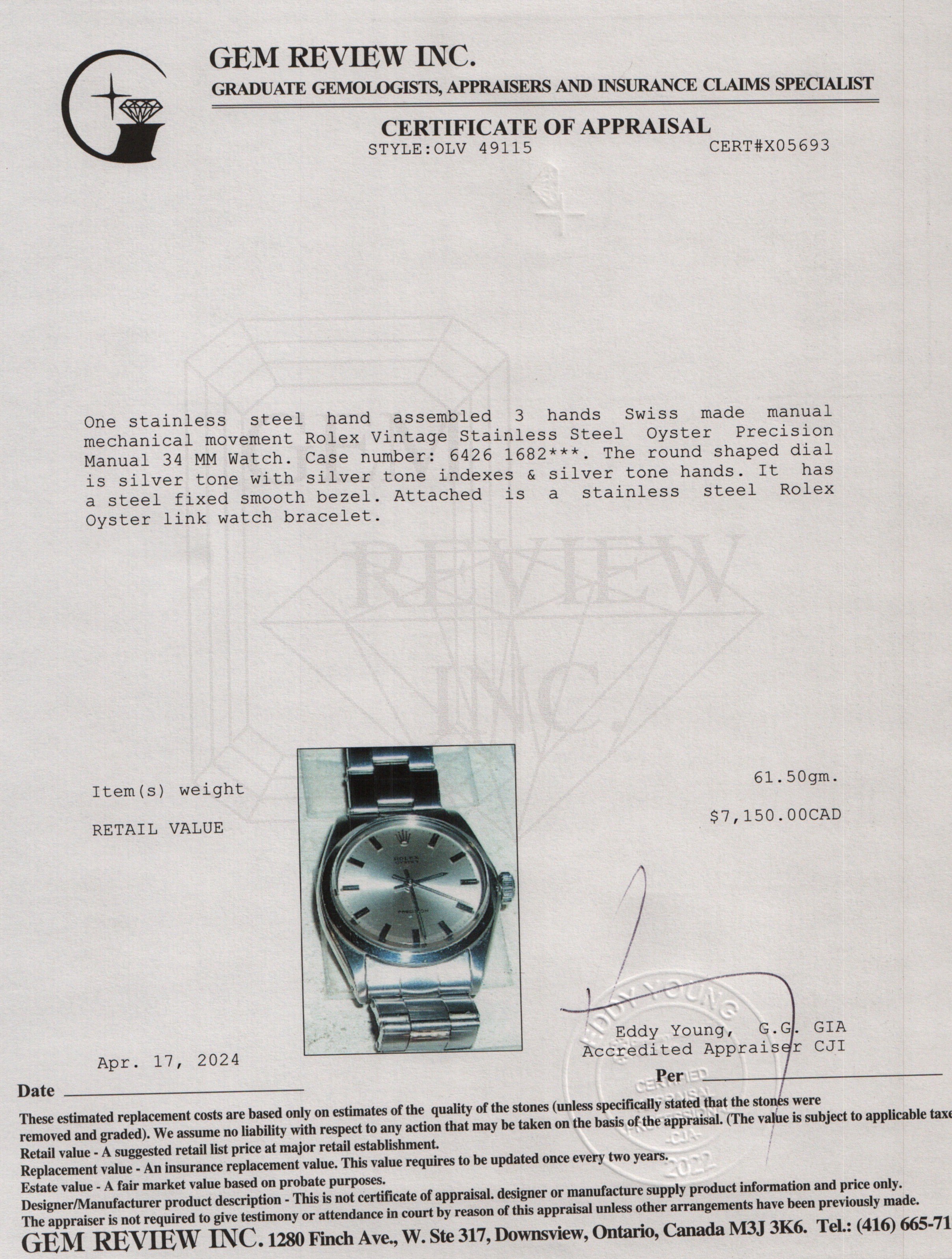 Rolex Vintage Stainless Steel Oyster Precision Manual 34 MM Watch