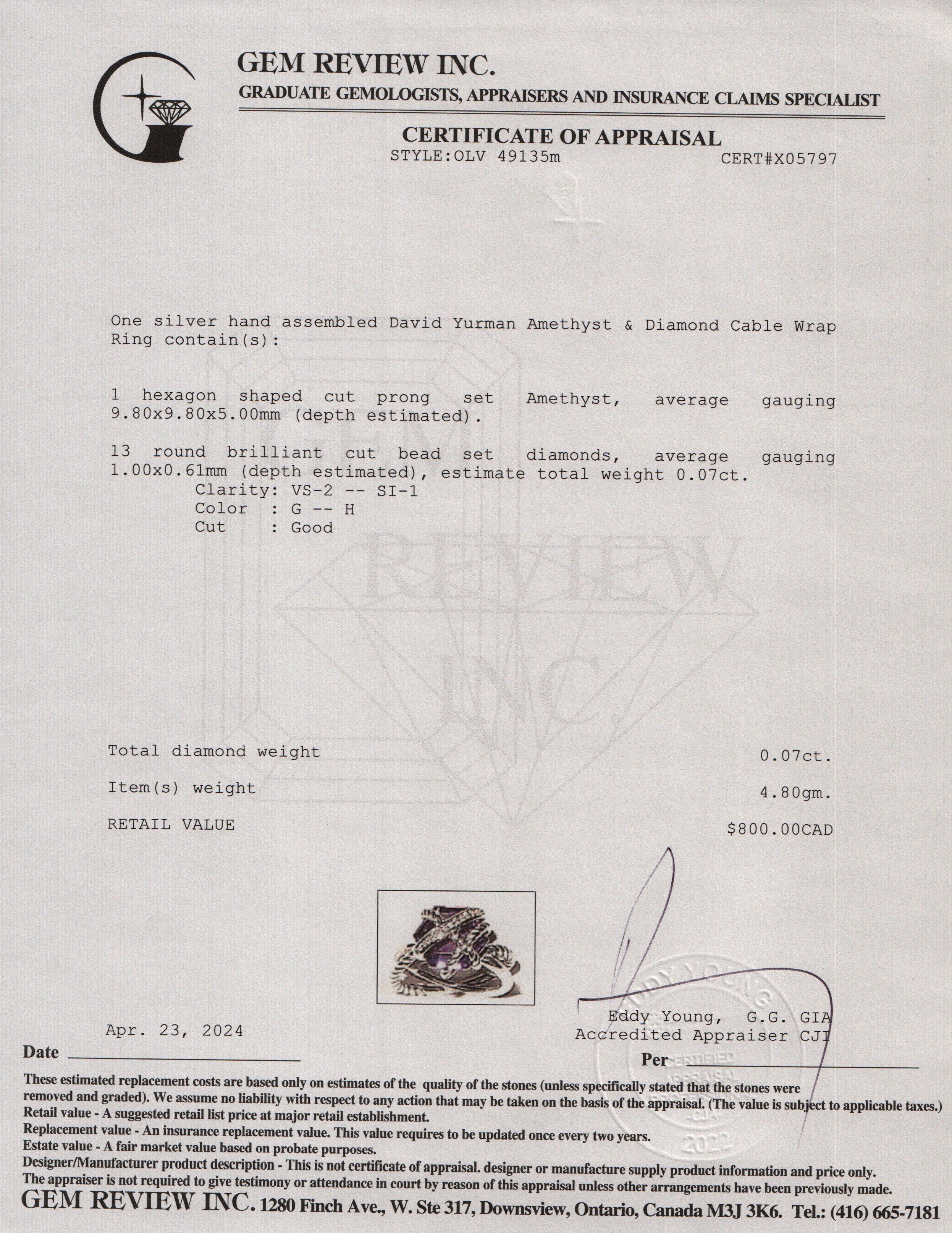 David Yurman Sterling Silver Amethyst & Diamond Cable Wrap Ring, Size 6