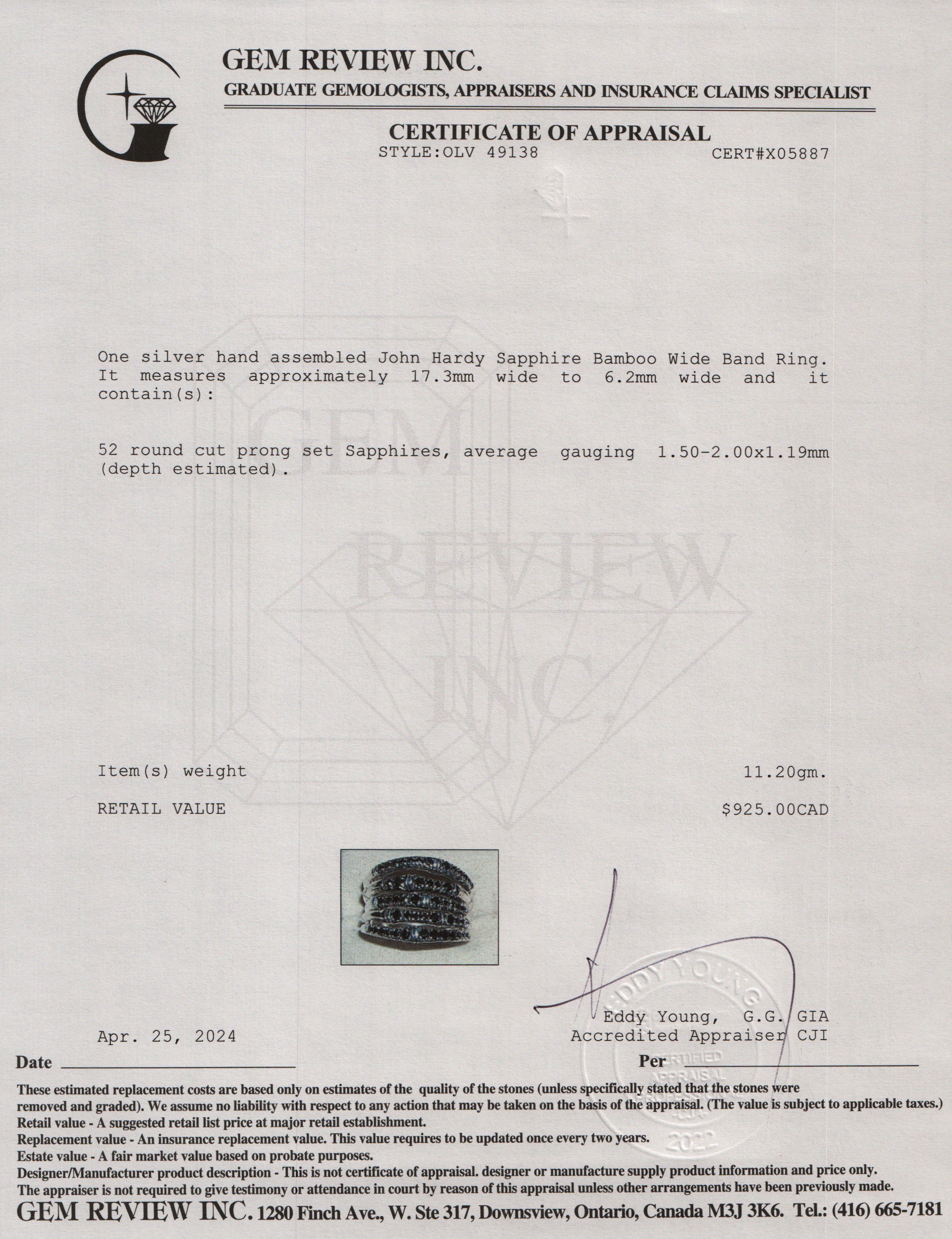 John Hardy Sterling Silver Sapphire Bamboo Wide Band Ring, Size 7