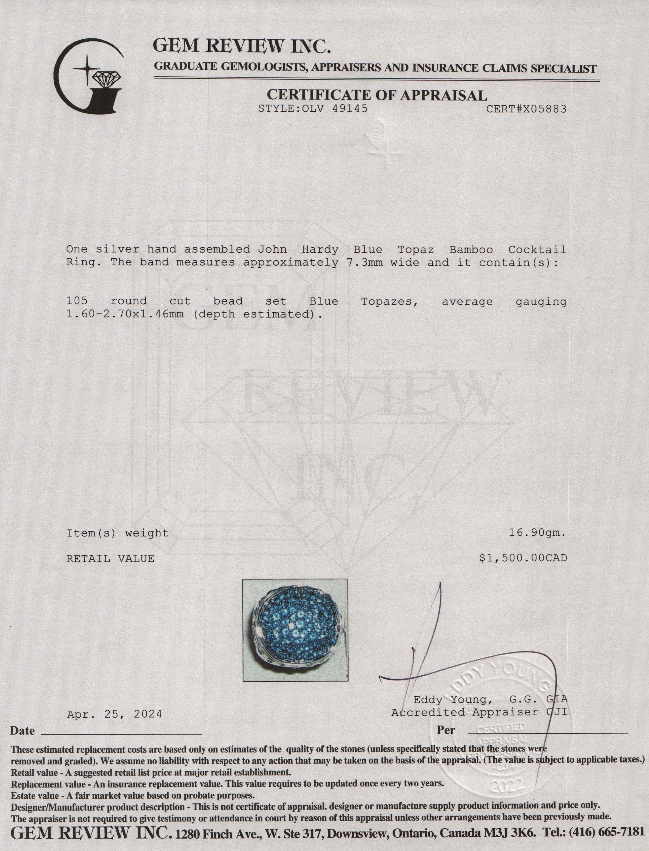 John Hardy Sterling Silver Blue Topaz Bamboo Cocktail Ring, Size 7