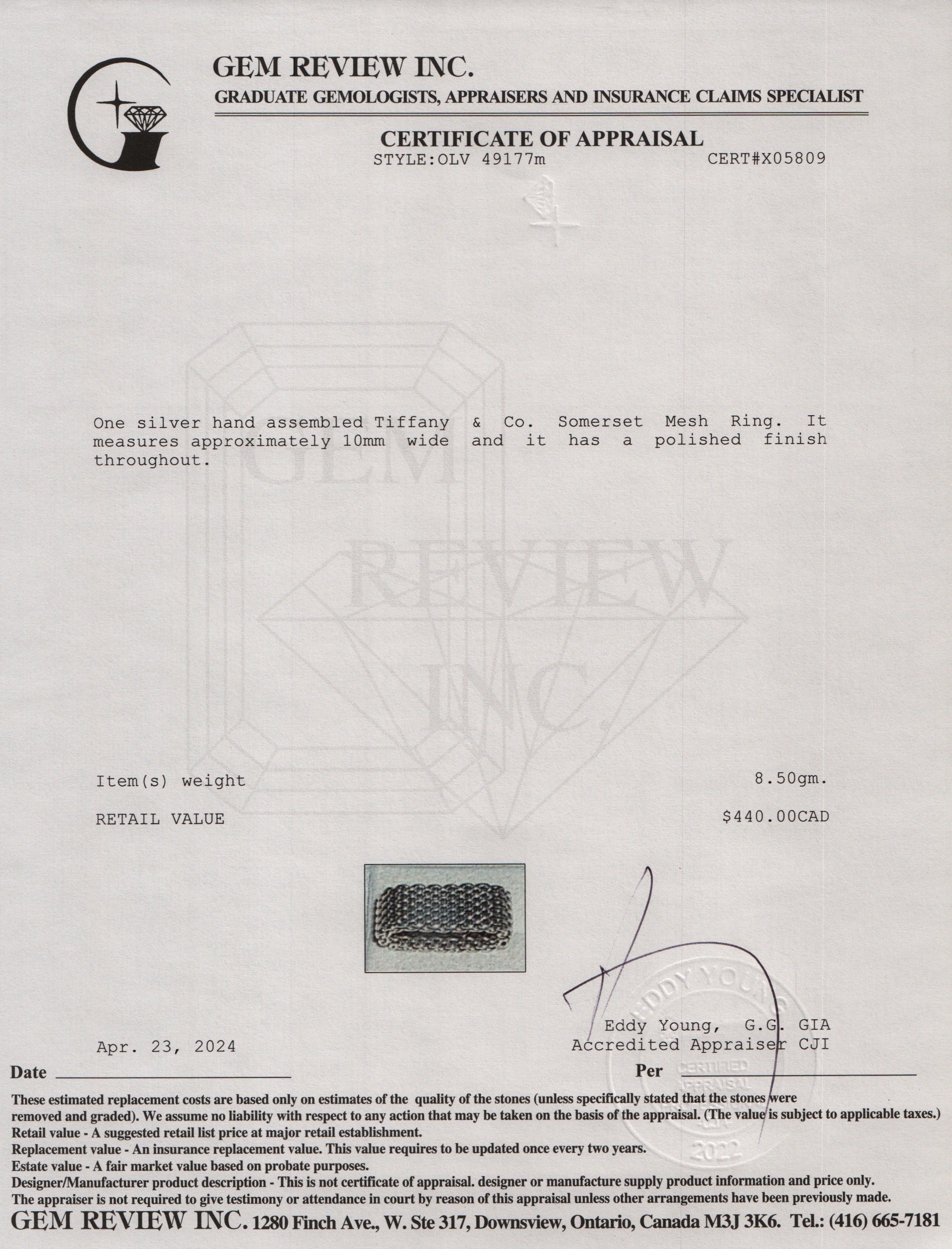 Tiffany & Co. Sterling Silver Somerset Mesh Ring, Size 7.5