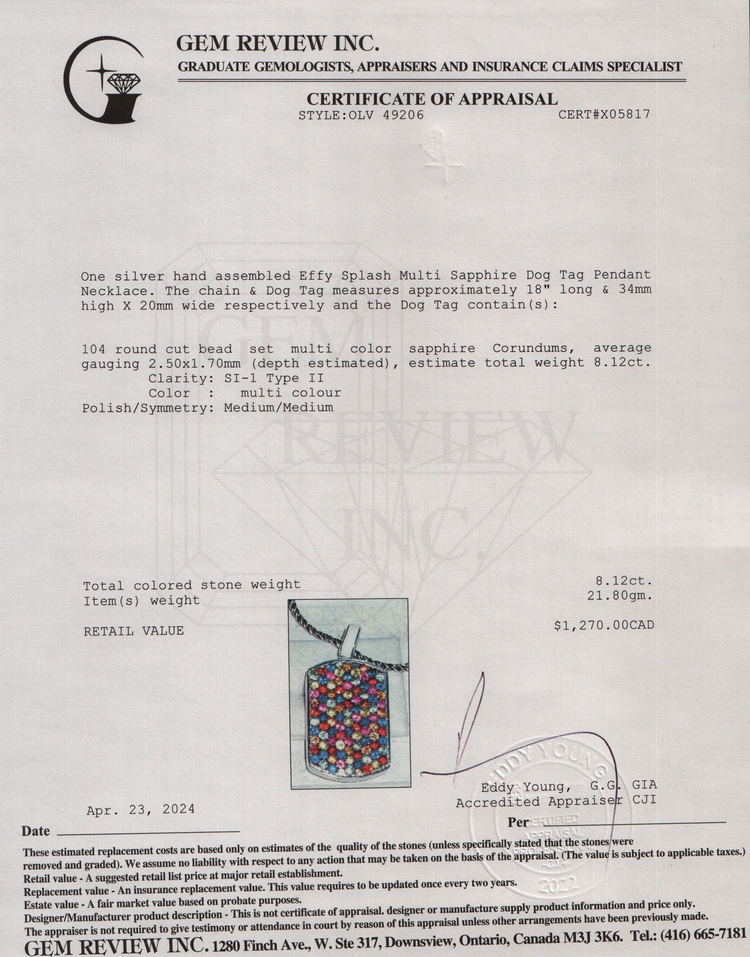 Effy Sterling Silver Splash Multi Sapphire Dog Tag Pendant Necklace