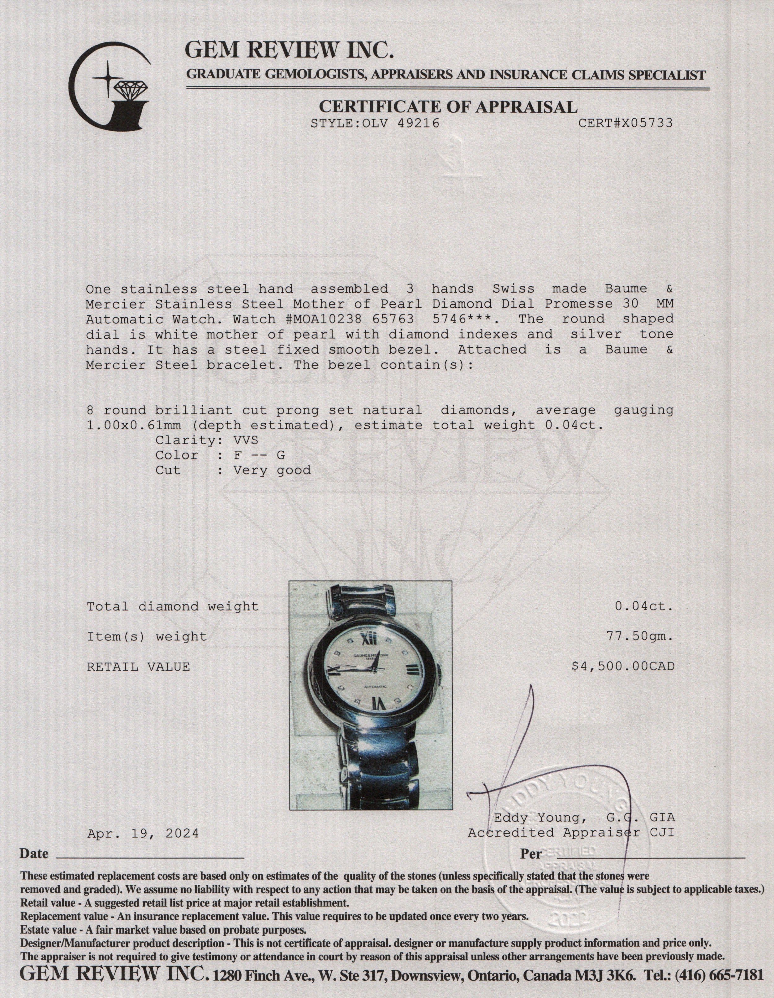 Baume & Mercier Stainless Steel Mother of Pearl Diamond Dial Promesse 30 MM Automatic Watch w/ Box & Papers