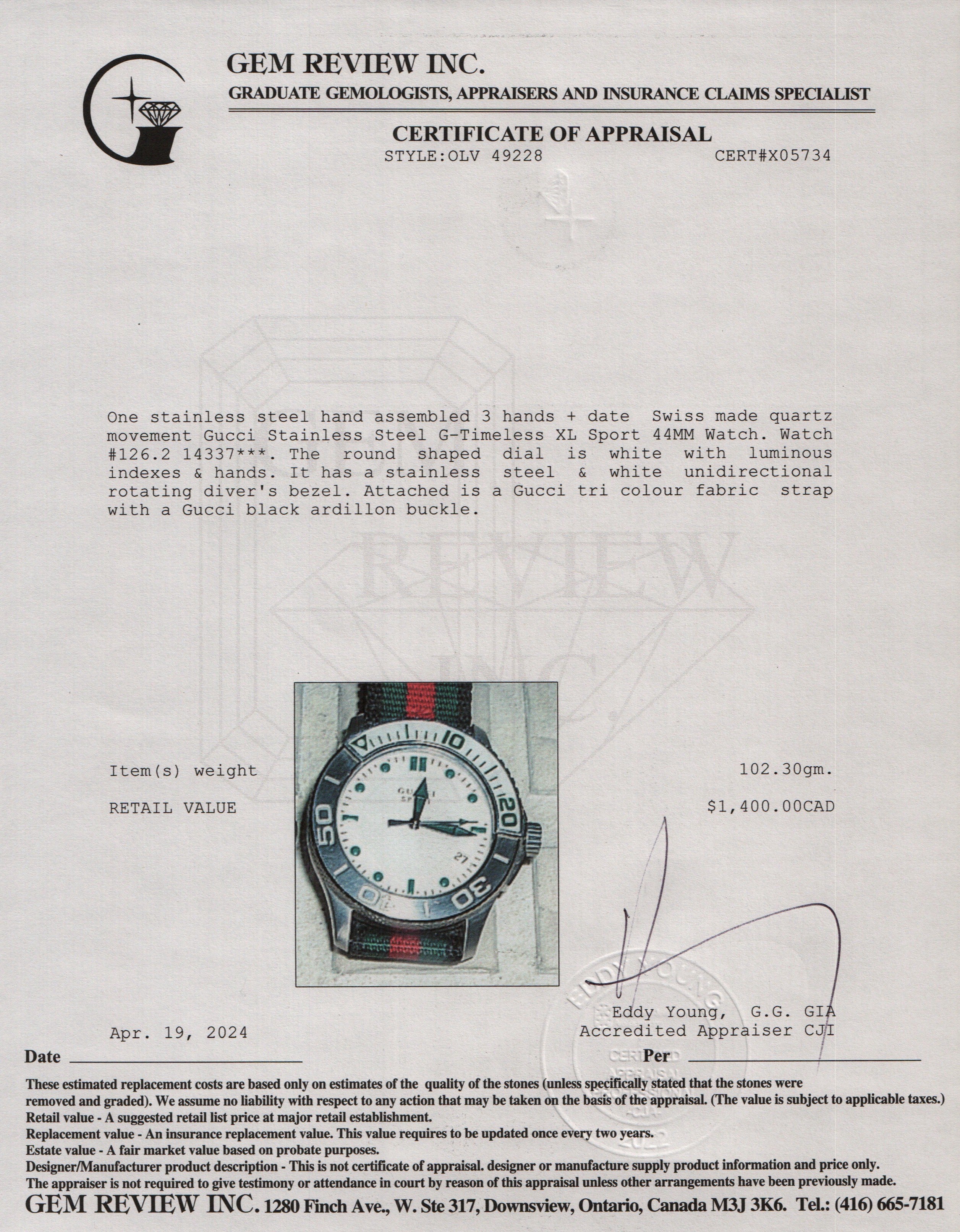 Gucci Stainless Steel G-Timeless XL Sport 44 MM Watch w/ Box & Papers