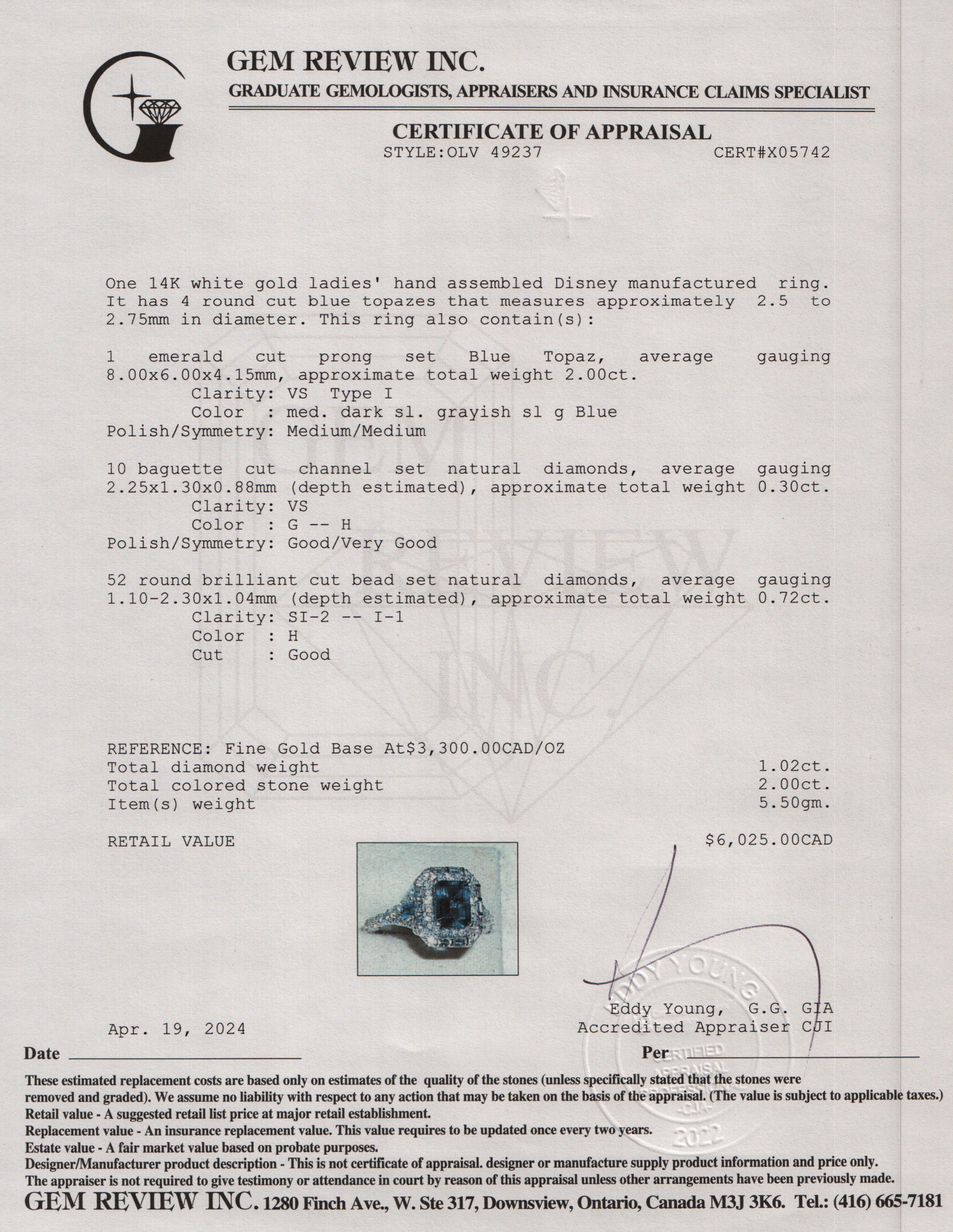 Disney 14k White Gold Blue Topaz & Diamond Ring, Size 7.75