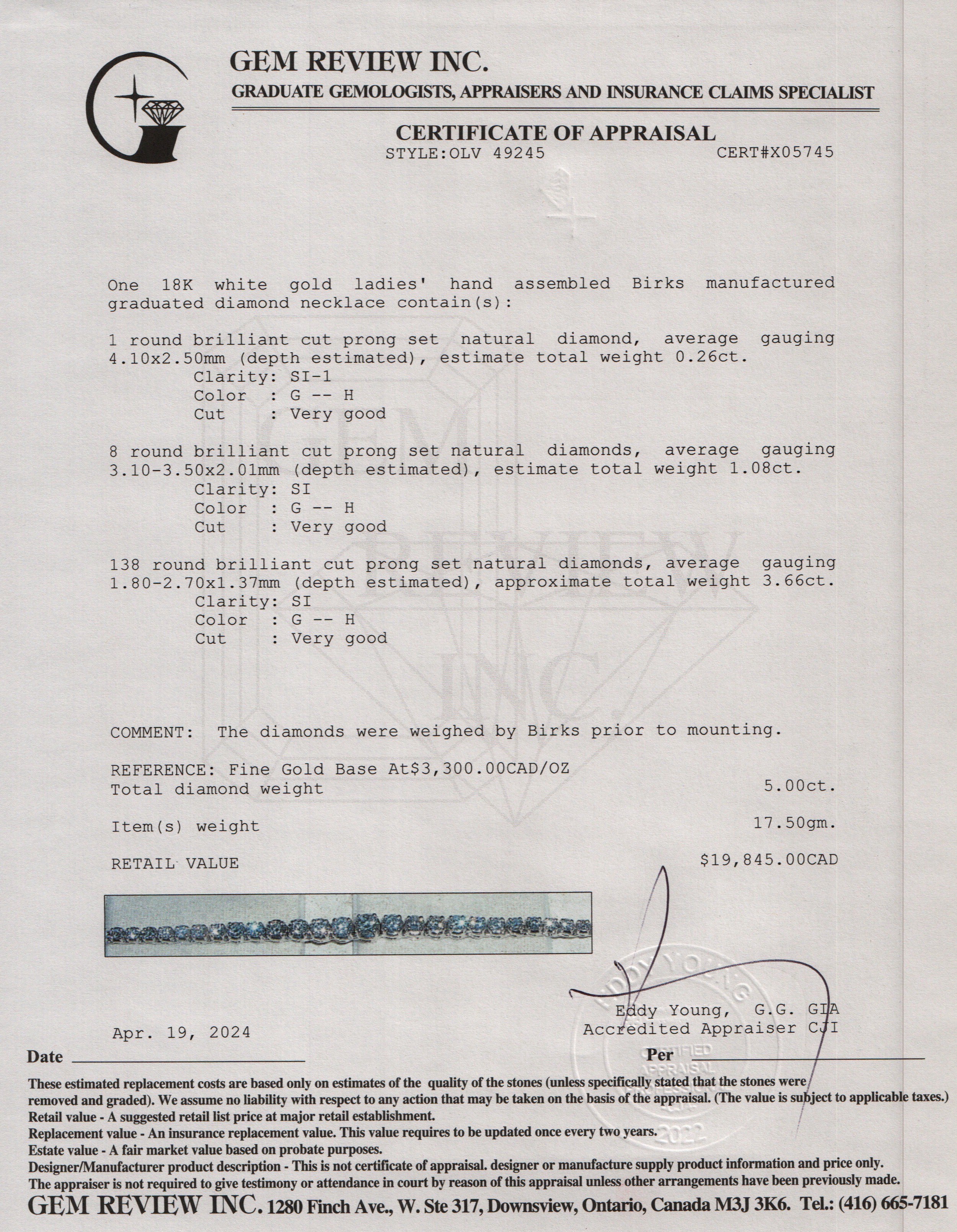 Birks 18k White Gold 5.00 ct. Graduated Diamond Tennis Necklace w/ Box & Receipt