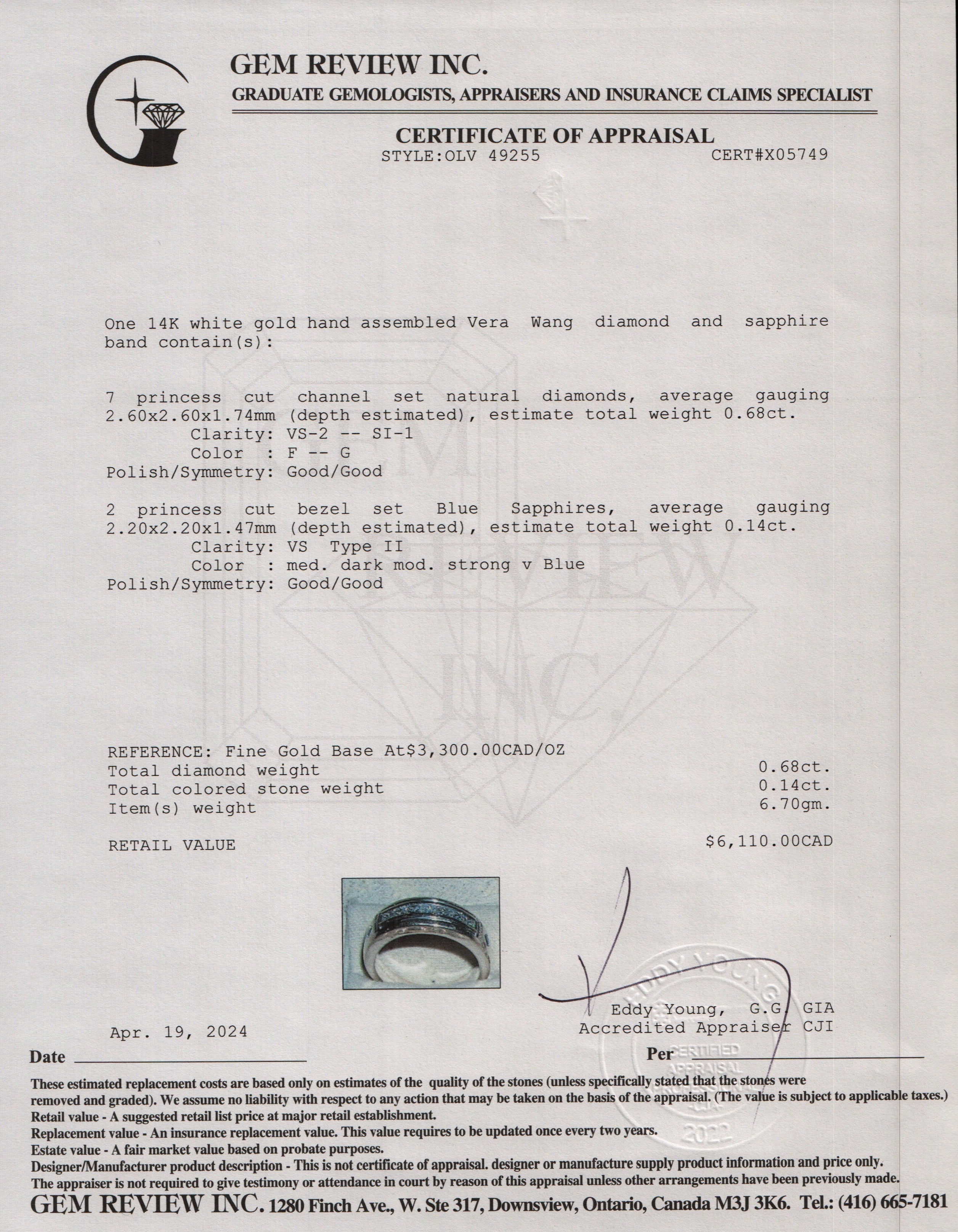 Vera Wang 14k White Gold Diamond & Sapphire Band Ring, Size 8.75