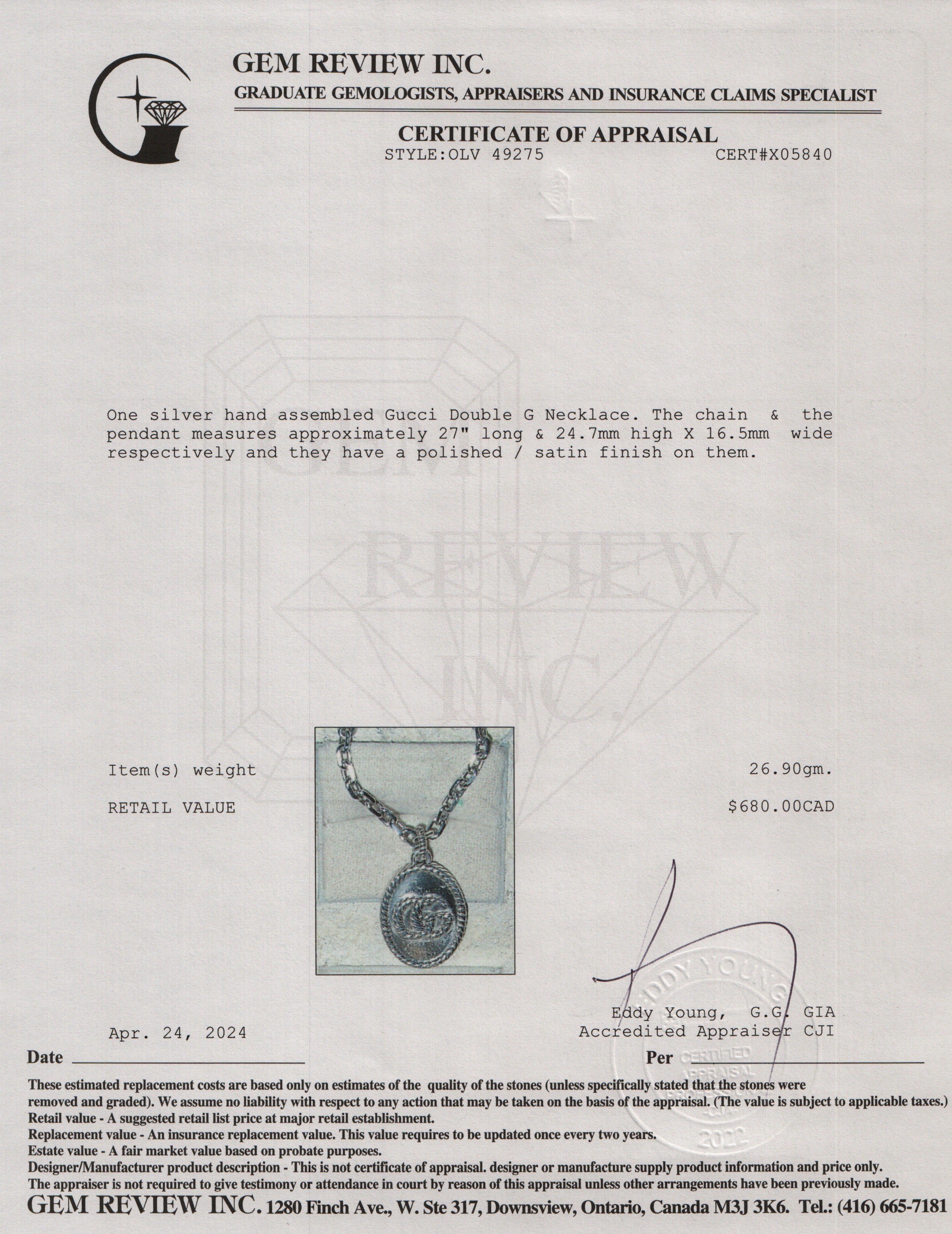 Gucci Sterling Silver Double G Necklace