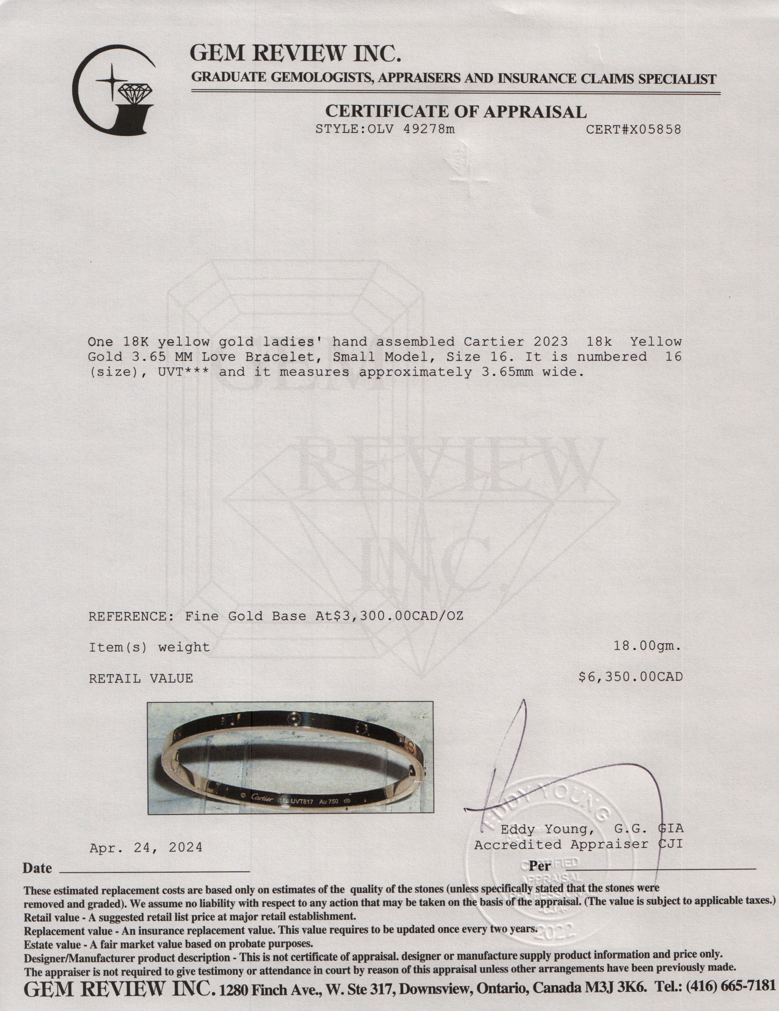 Cartier 2023 18k Yellow Gold 3.65 MM Love Bracelet, Small Model, Size 16 w/ Box, Receipt & Certificate