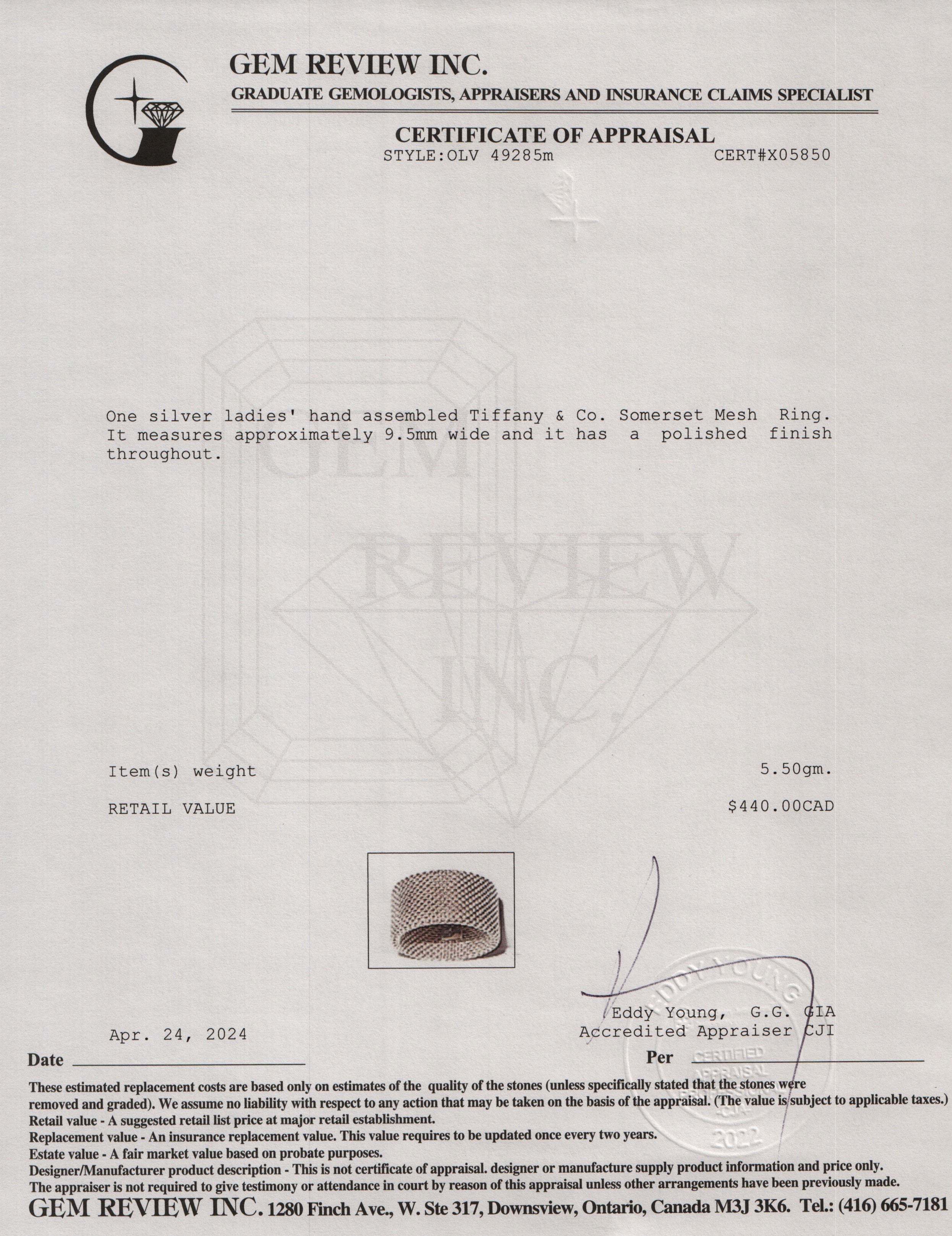 Tiffany & Co. Sterling Silver Somerset Mesh Ring, Size 7