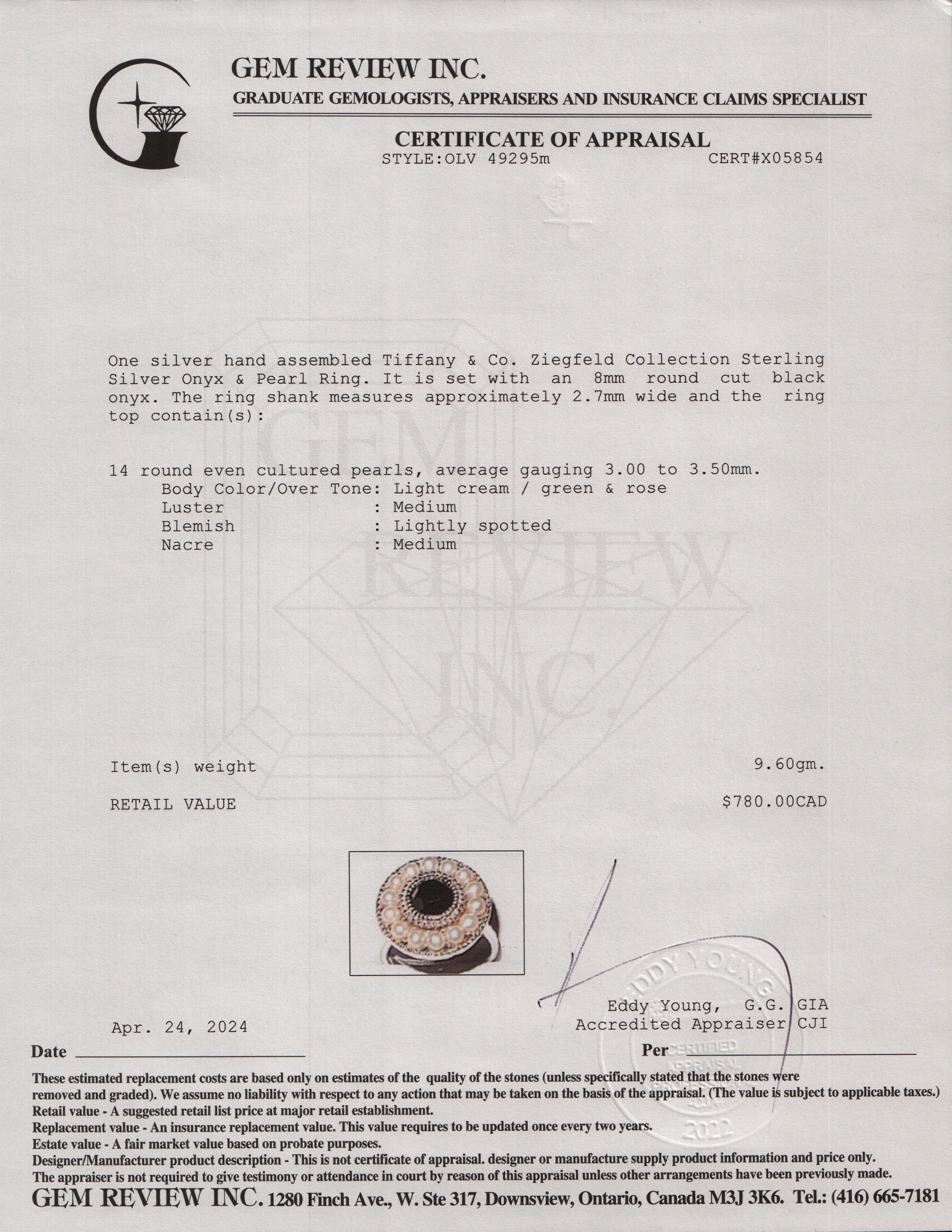 Tiffany & Co. Ziegfeld Collection Sterling Silver Onyx & Pearl Ring, Size 6