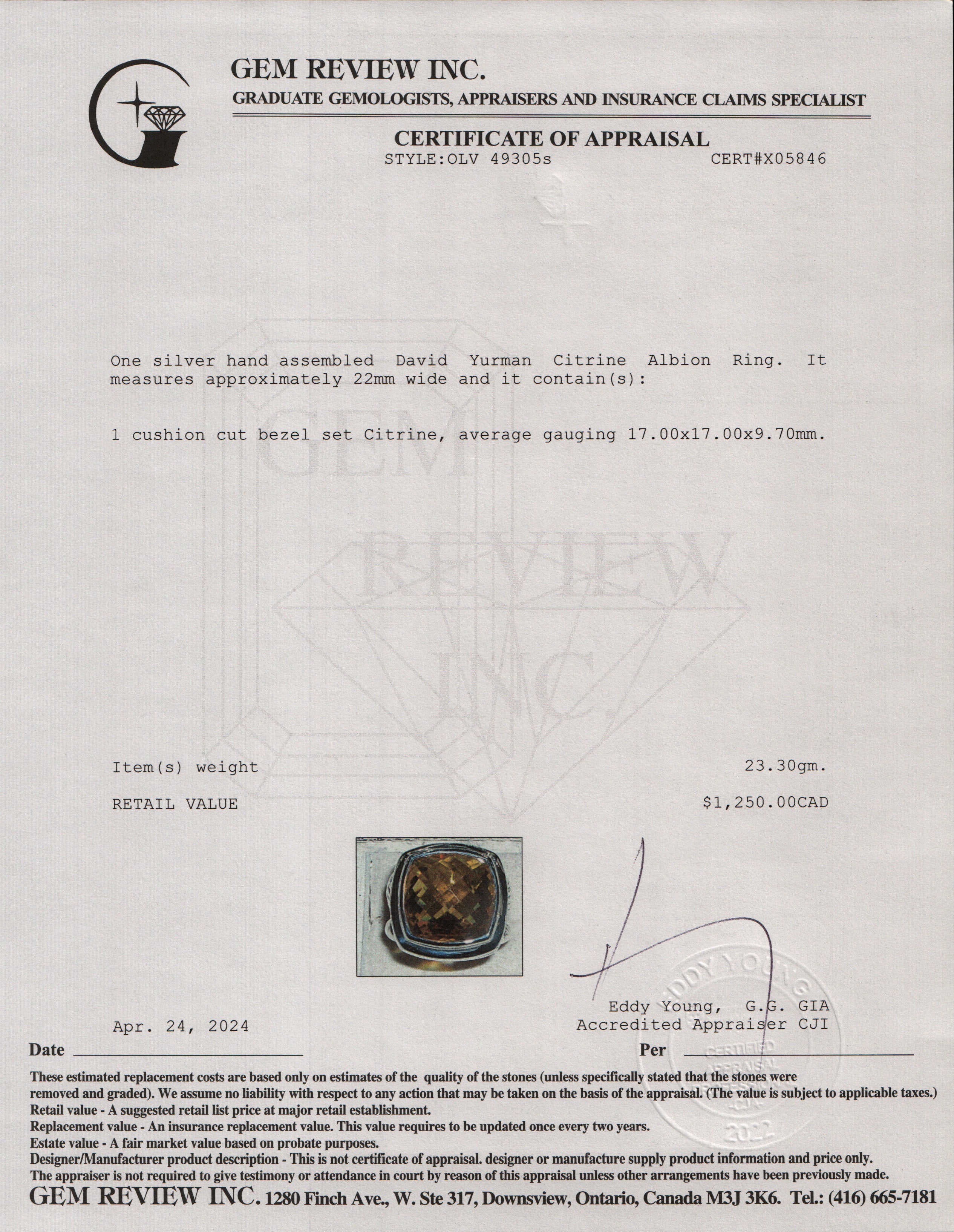 David Yurman Sterling Silver Citrine Albion Ring, Size 7.75