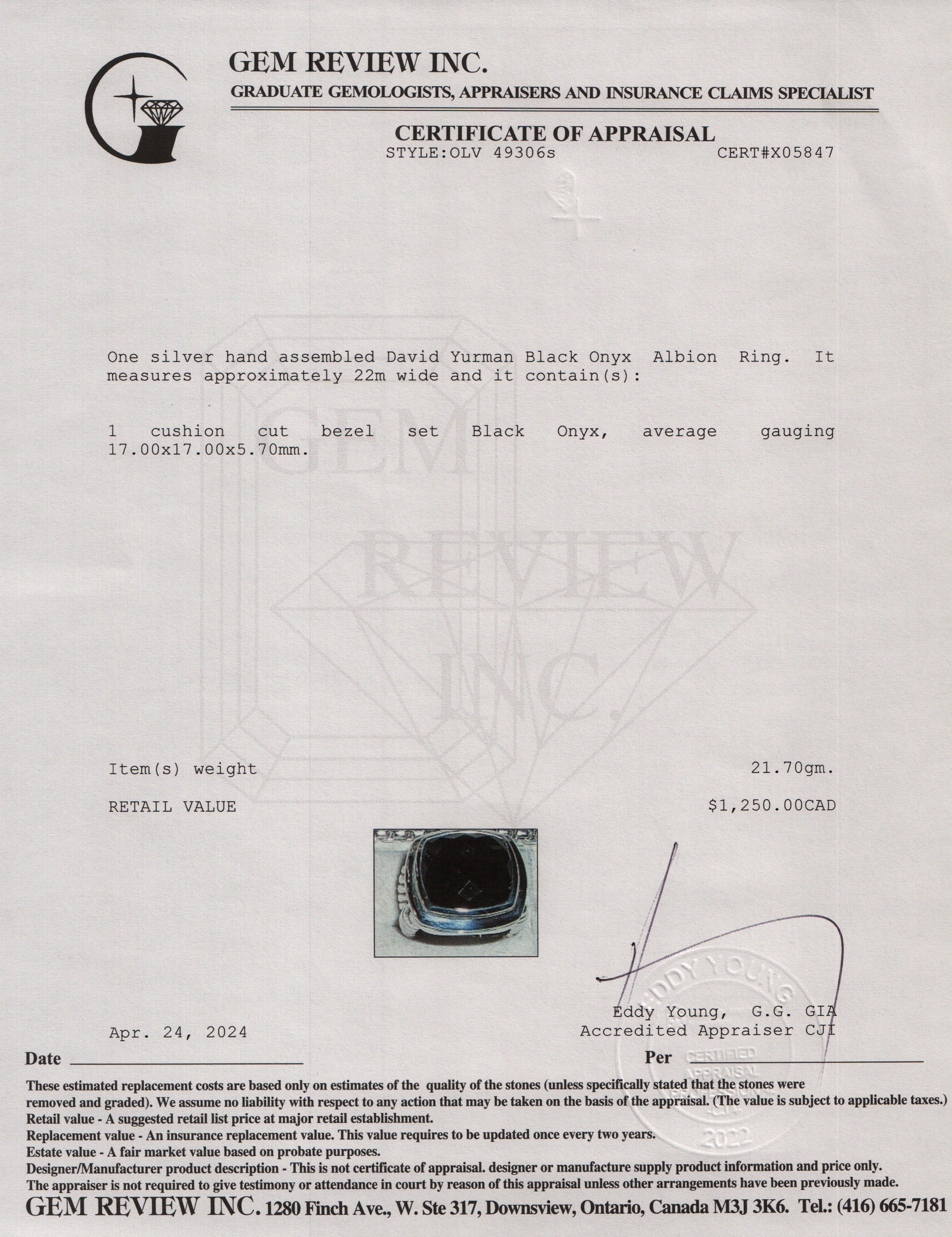 David Yurman Sterling Silver Black Onyx Albion Ring, Size 7.75