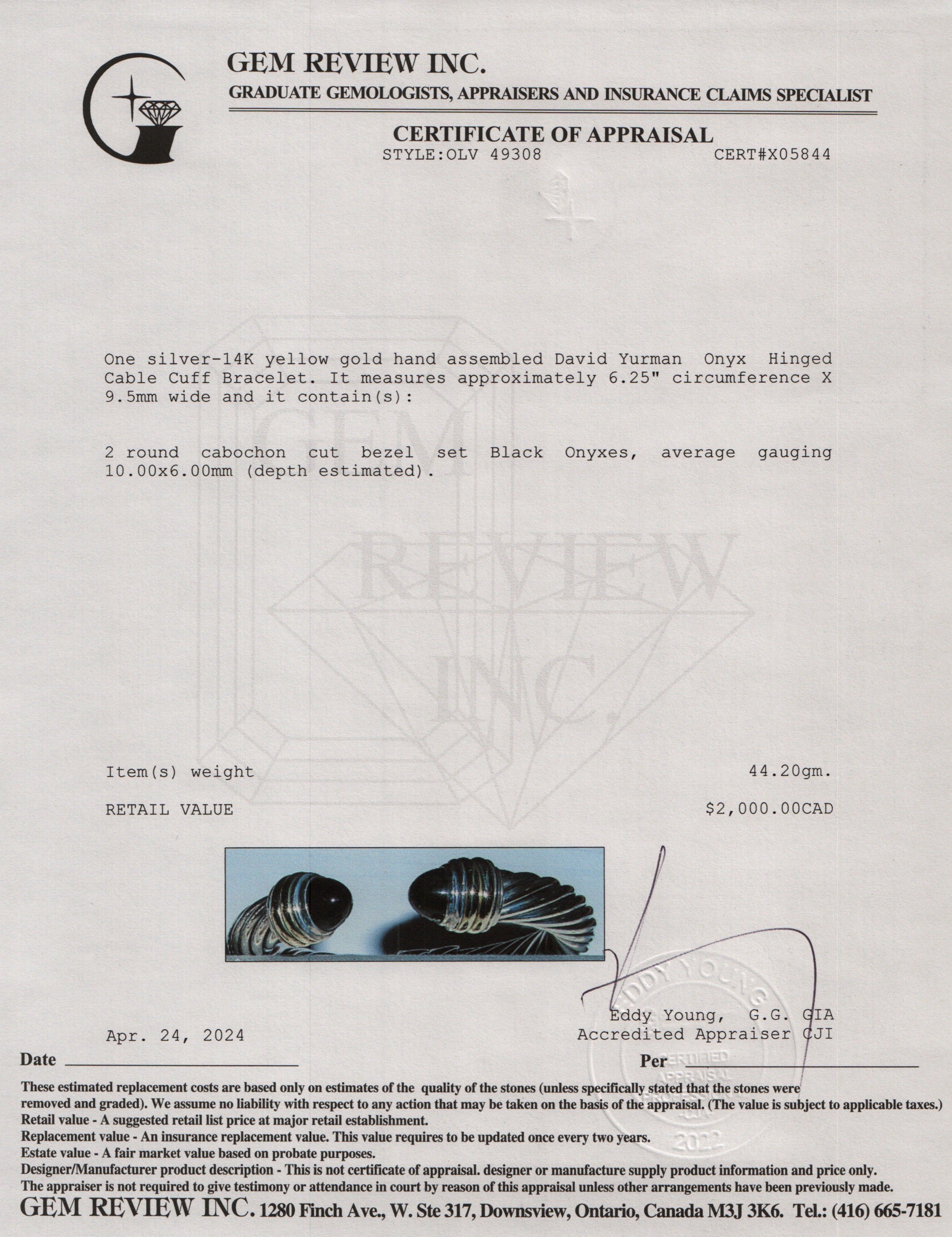 David Yurman Sterling Silver & 14k Yellow Gold Onyx Hinged Cable Cuff Bracelet