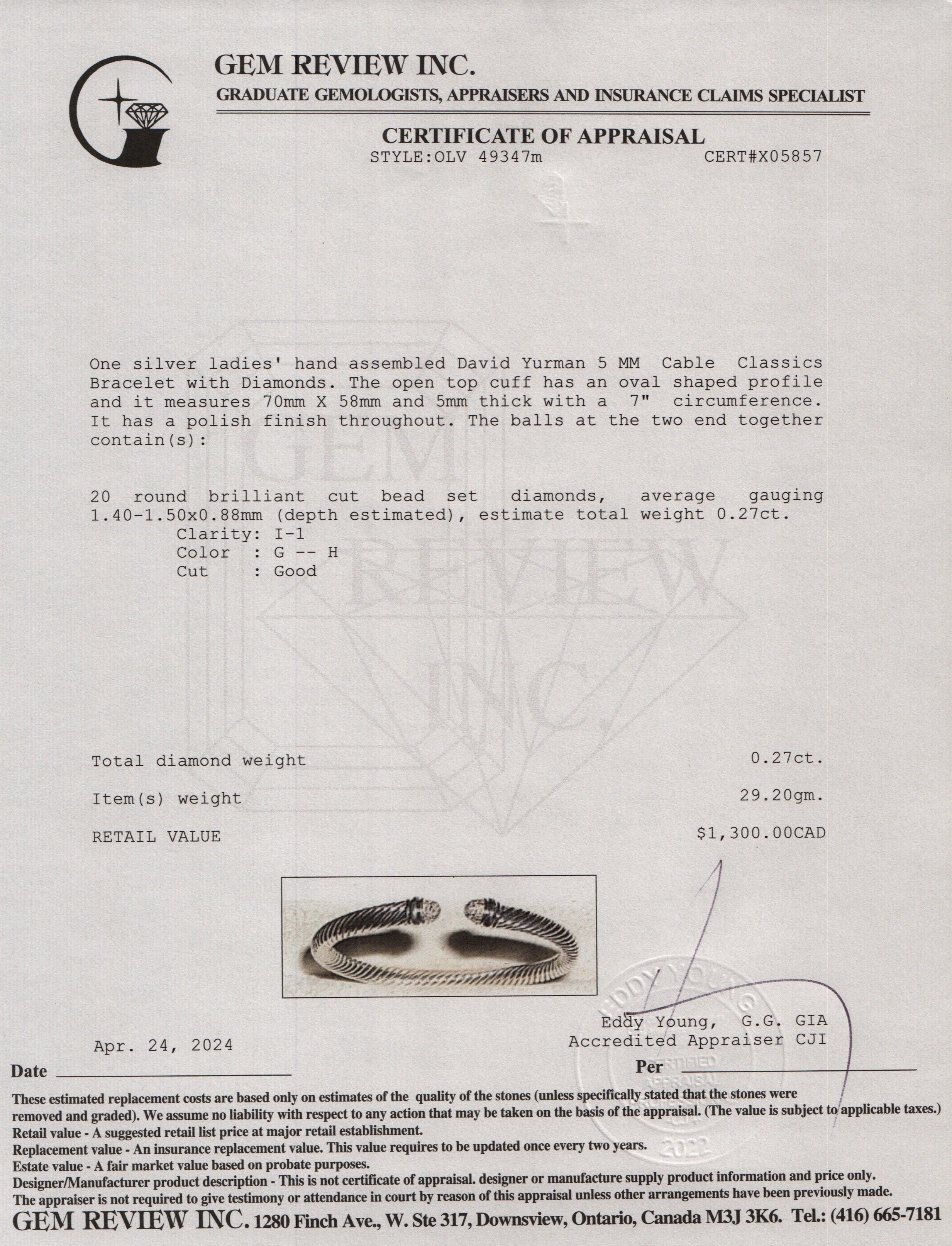 David Yurman Sterling Silver 5 MM Cable Classics Bracelet with Diamonds