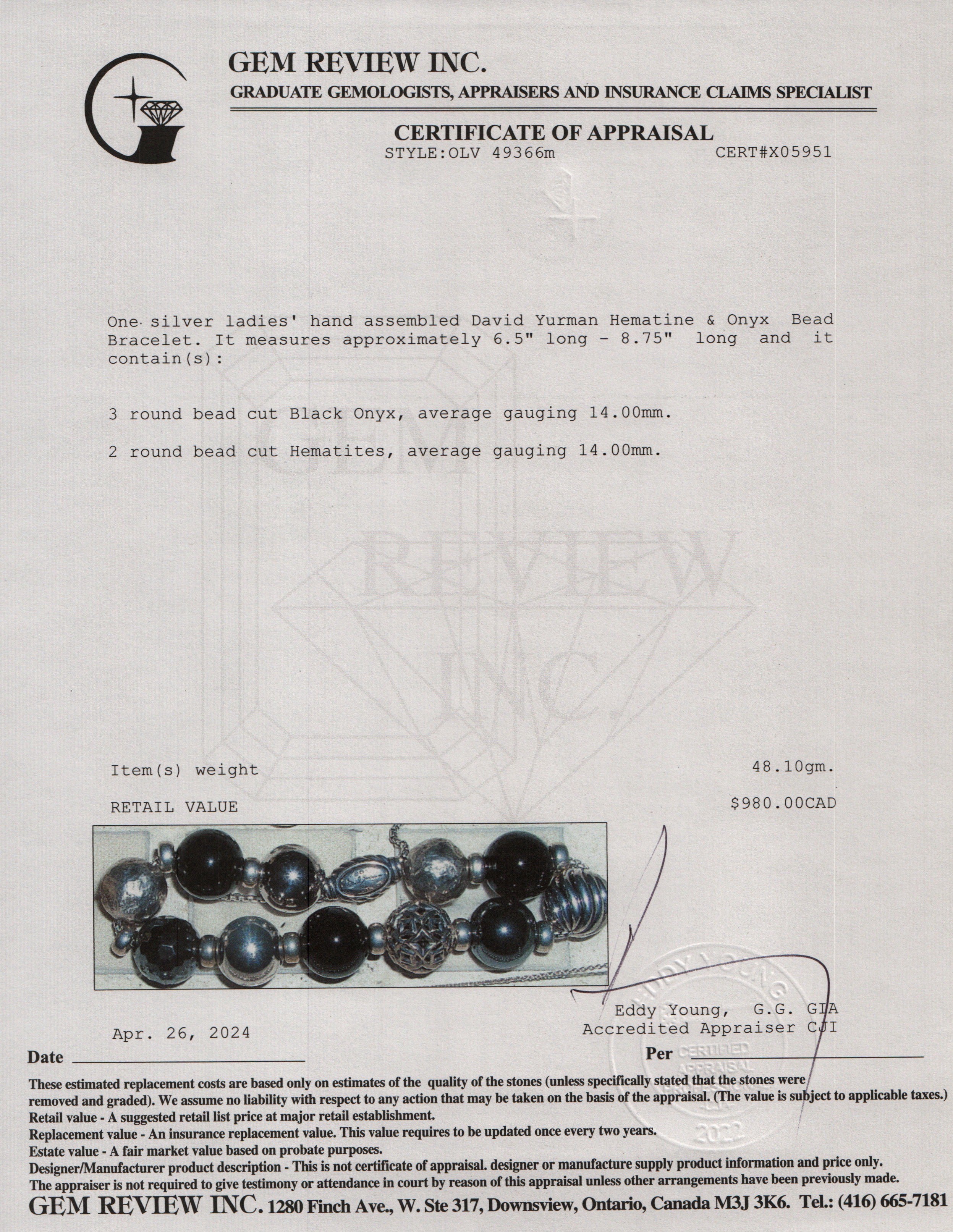 David Yurman Sterling Silver Hematine & Onyx Bead Bracelet