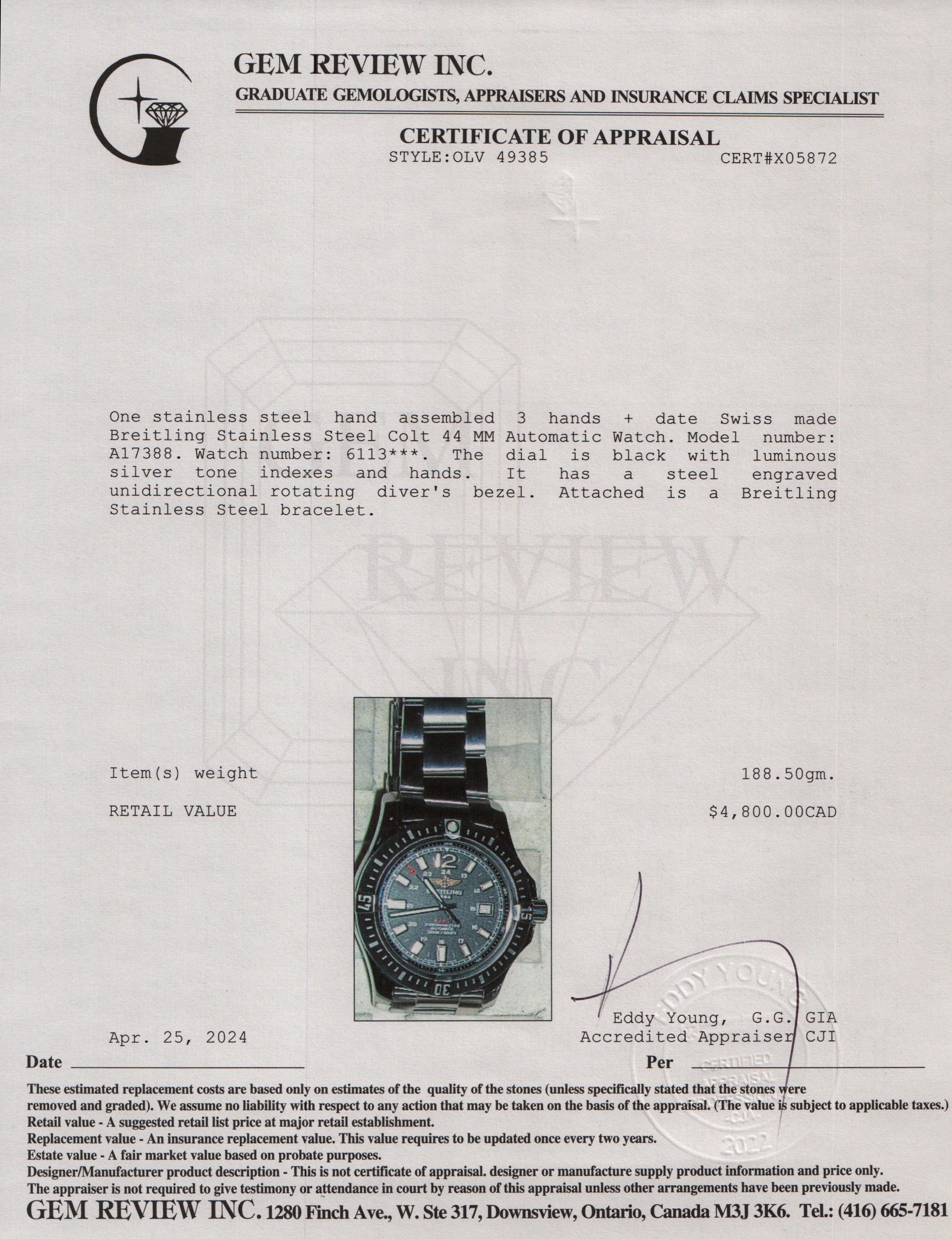 Breitling Stainless Steel Colt 44 MM Automatic Watch A17388 w/ Box & Papers