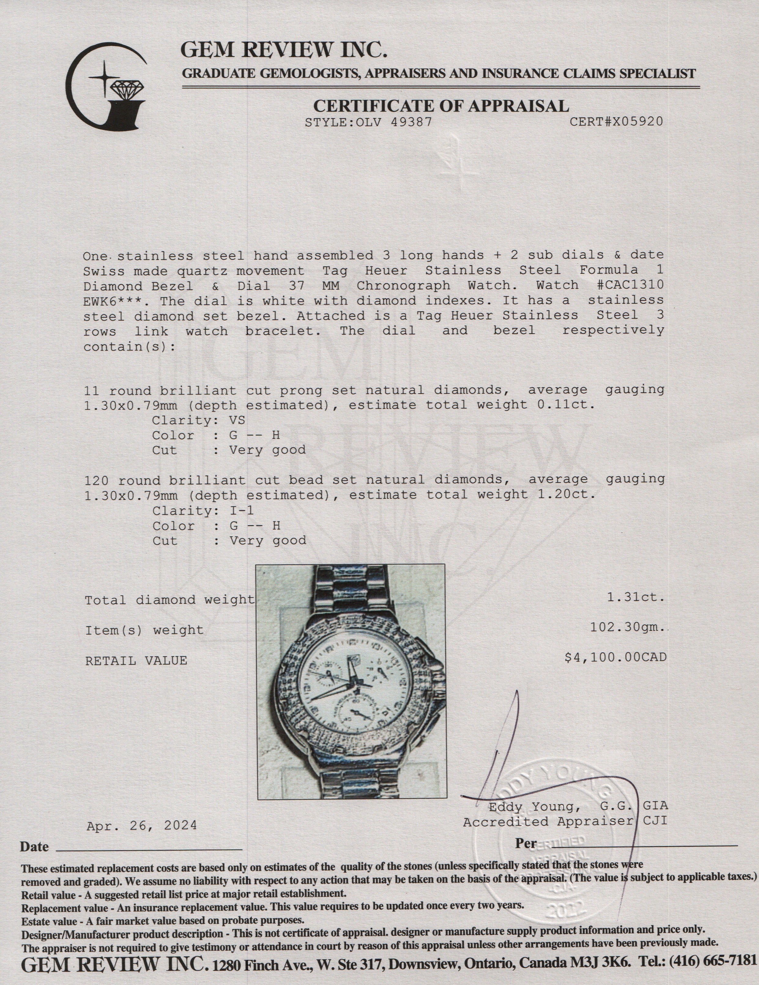 Tag Heuer Stainless Steel Formula 1 Diamond Bezel & Dial 37 MM Chronograph Watch CAC1310 w/ Box & Papers