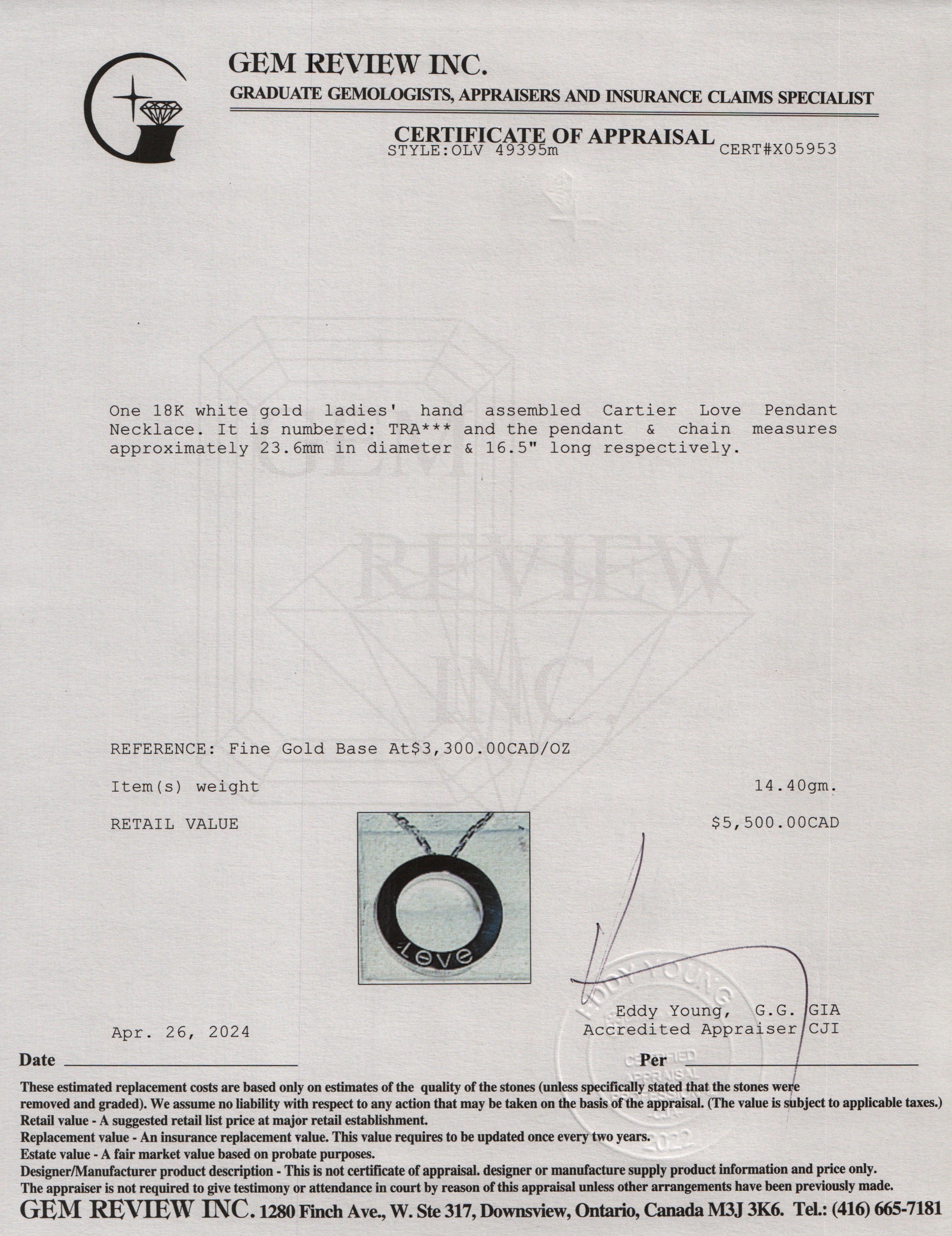 Cartier 18k White Gold Love Pendant Necklace