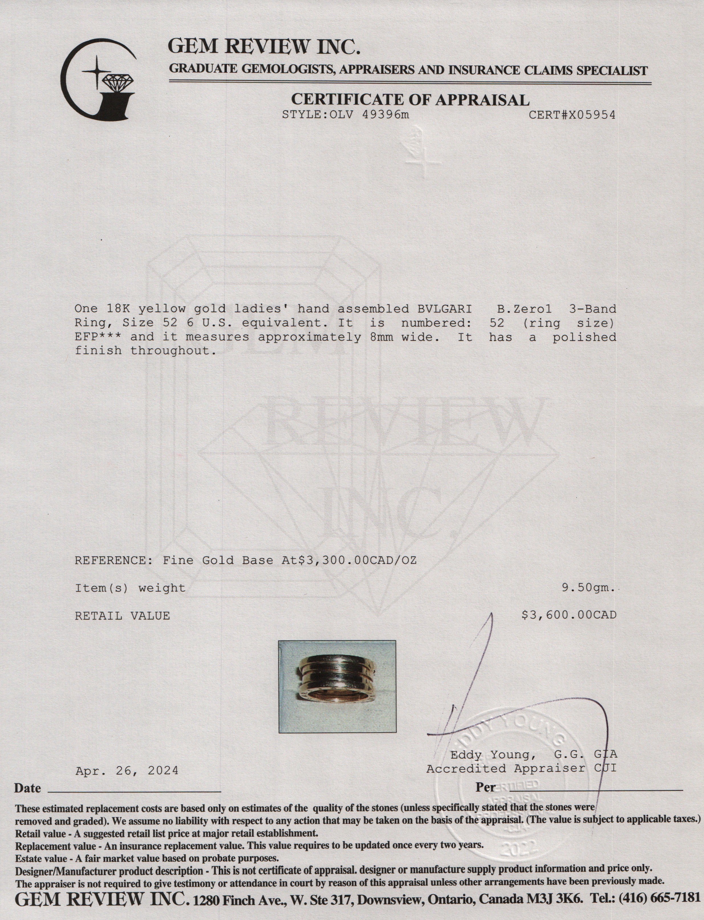 BVLGARI 18k Yellow Gold B.Zero1 3-Band Ring, Size 52 6