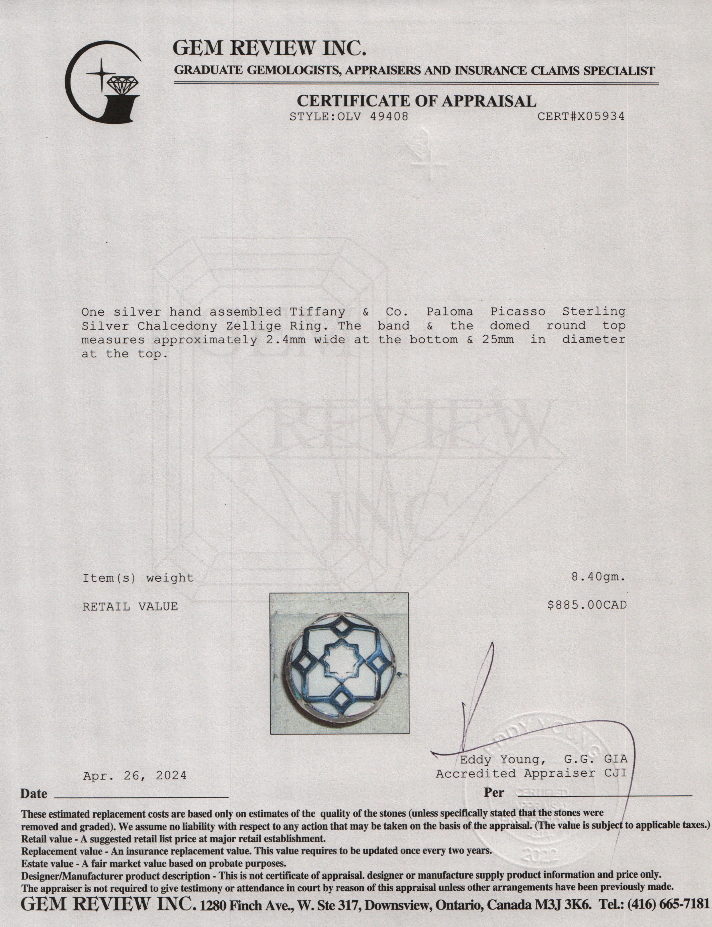 Tiffany & Co. Paloma Picasso Sterling Silver Chalcedony Zellige Ring, Size 5.25