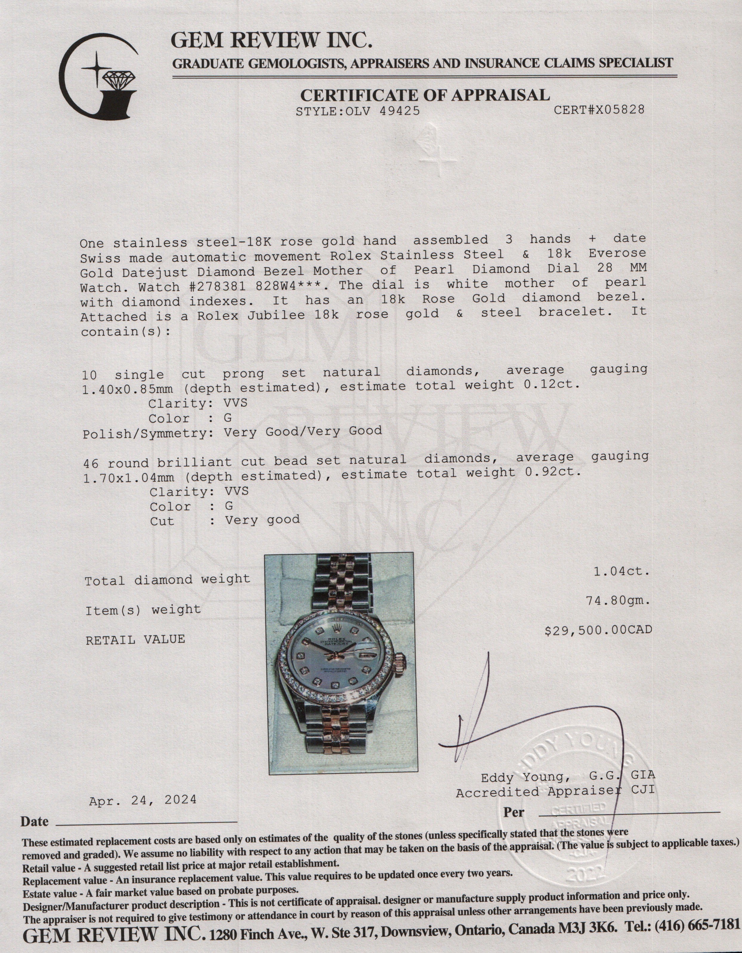Rolex Stainless Steel & 18k Everose Gold Datejust Diamond Bezel Mother of Pearl Diamond Dial 28 MM Watch 278381