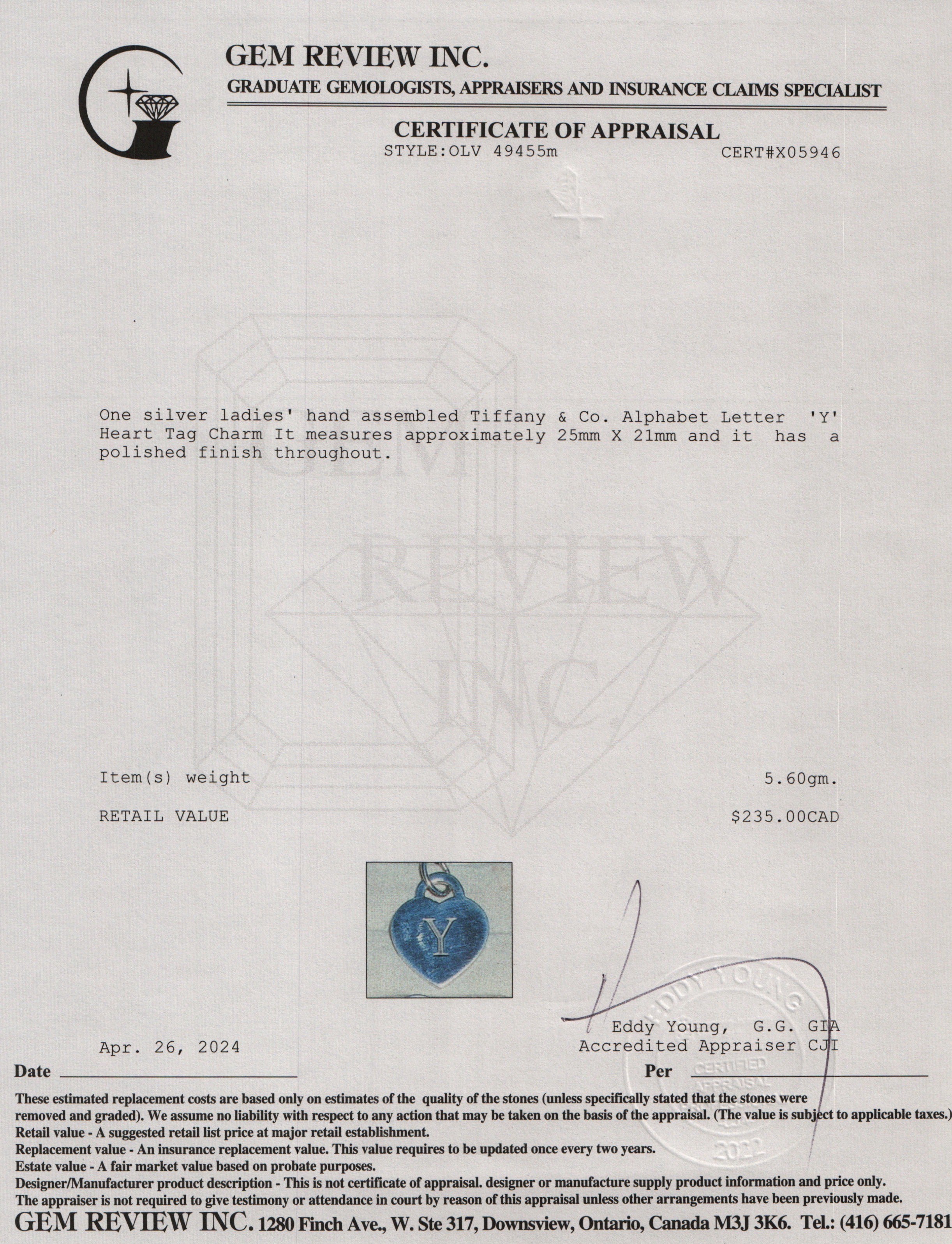 Tiffany & Co. Sterling Silver Alphabet Letter 'Y' Heart Tag Charm
