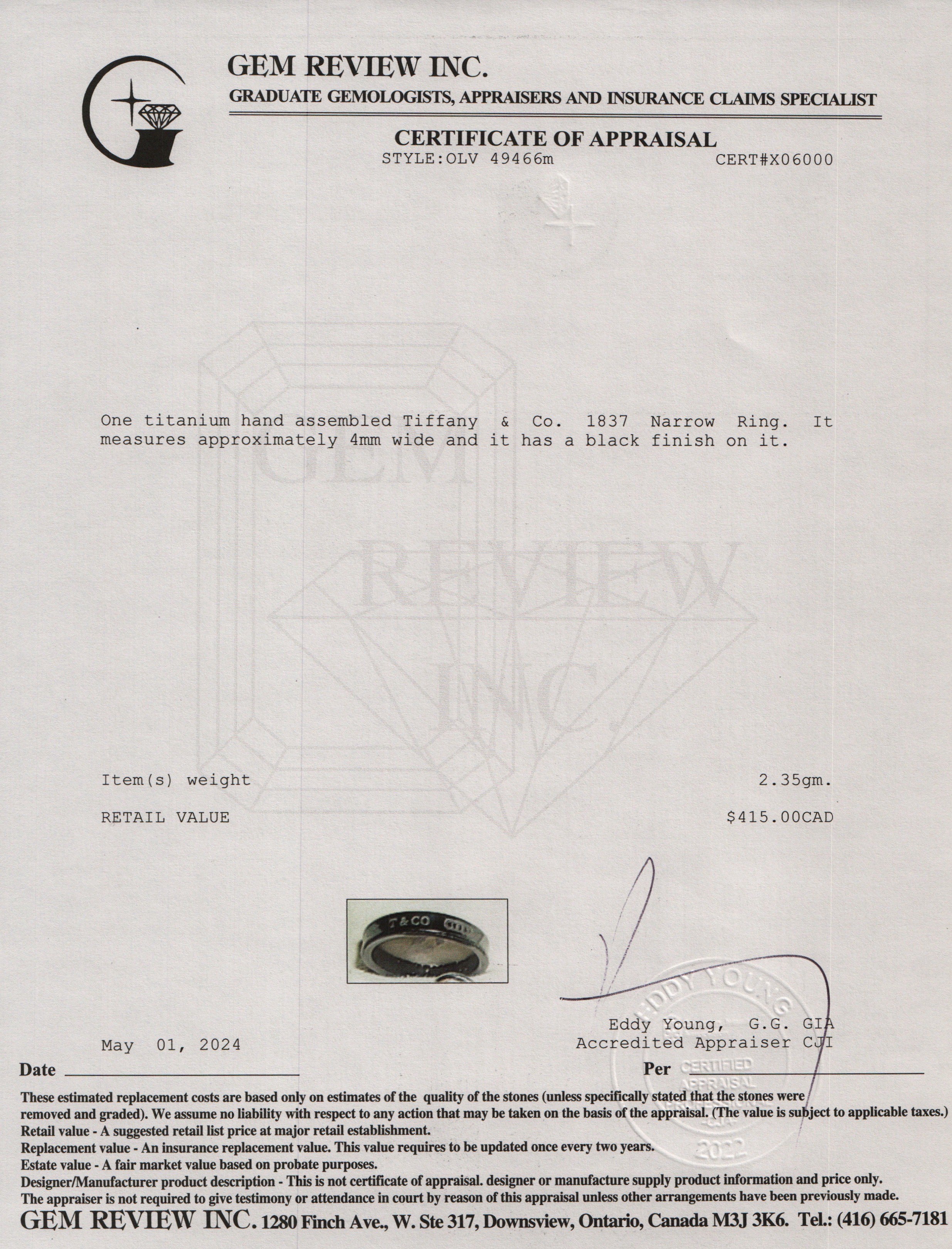 Tiffany & Co. Titanium 1837 Narrow Ring, Size 6.75