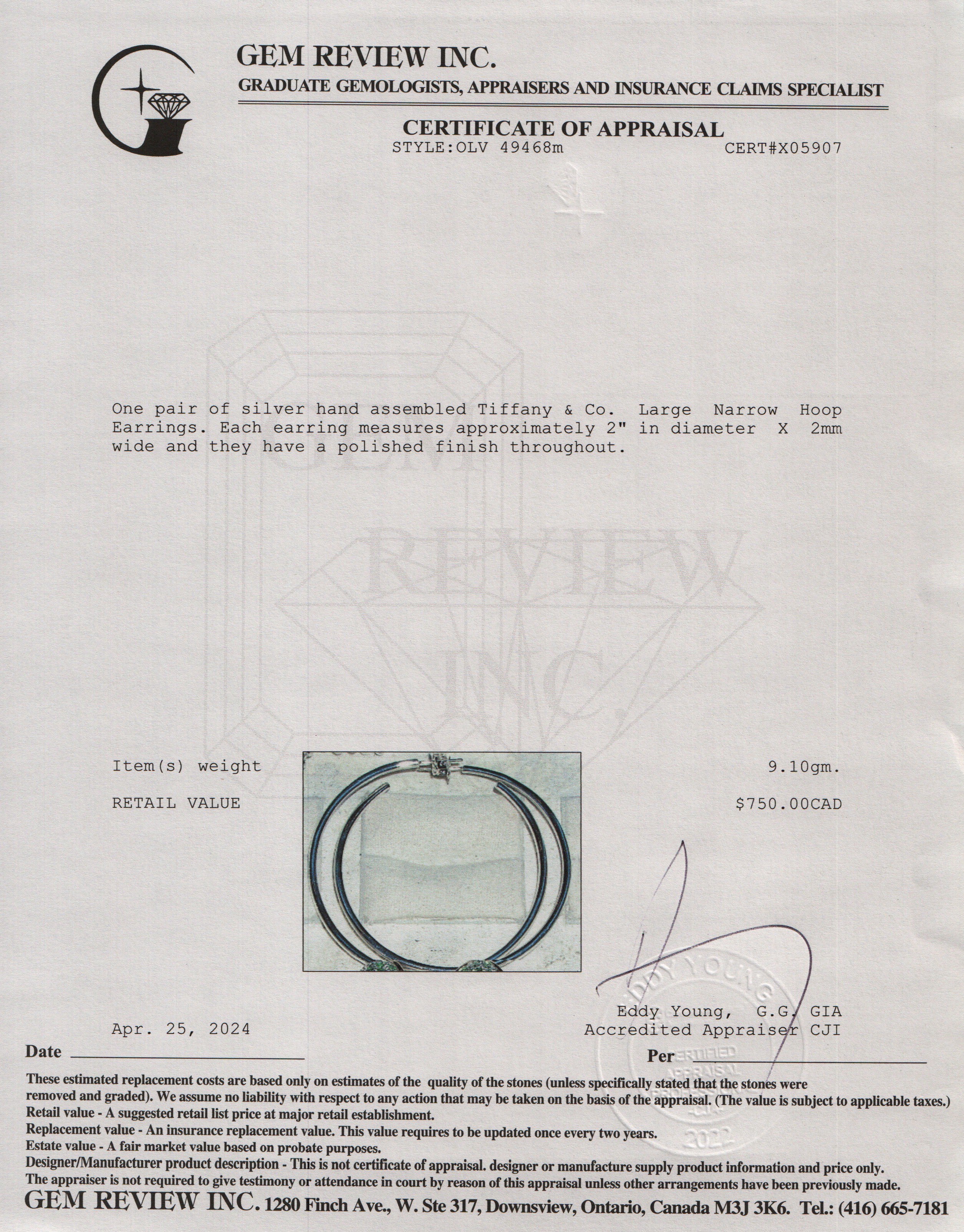 Tiffany & Co. Sterling Silver Large Narrow Hoop Earrings w/ Box