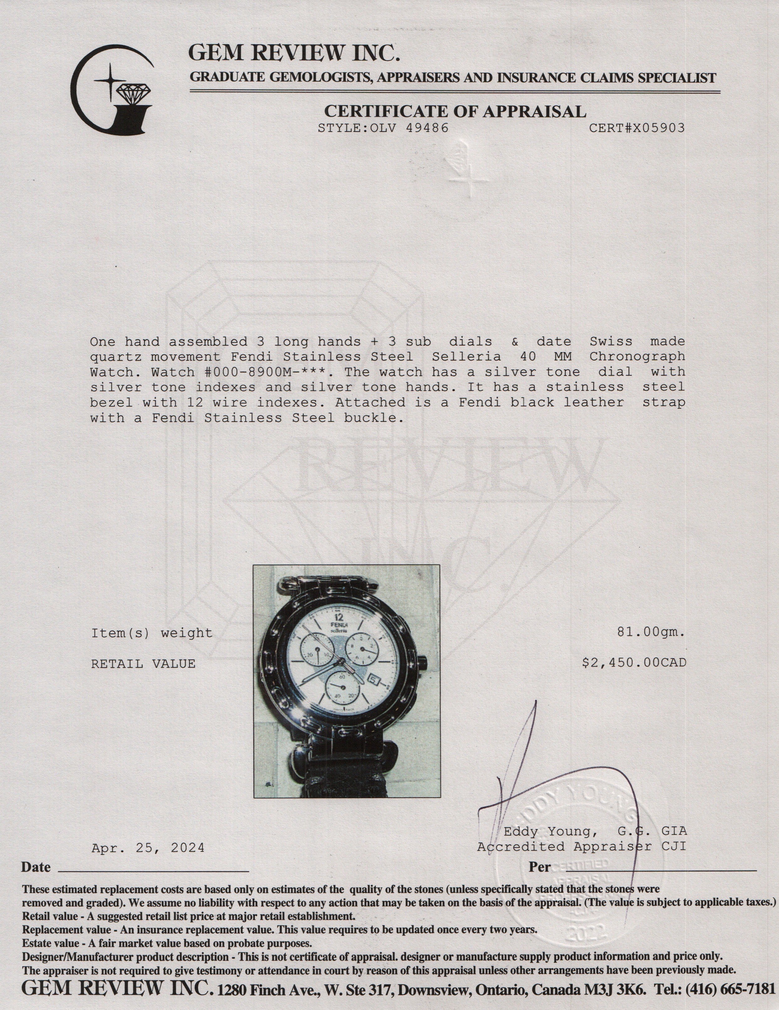 Fendi Stainless Steel Selleria 40 MM Chronograph Watch w/ Box