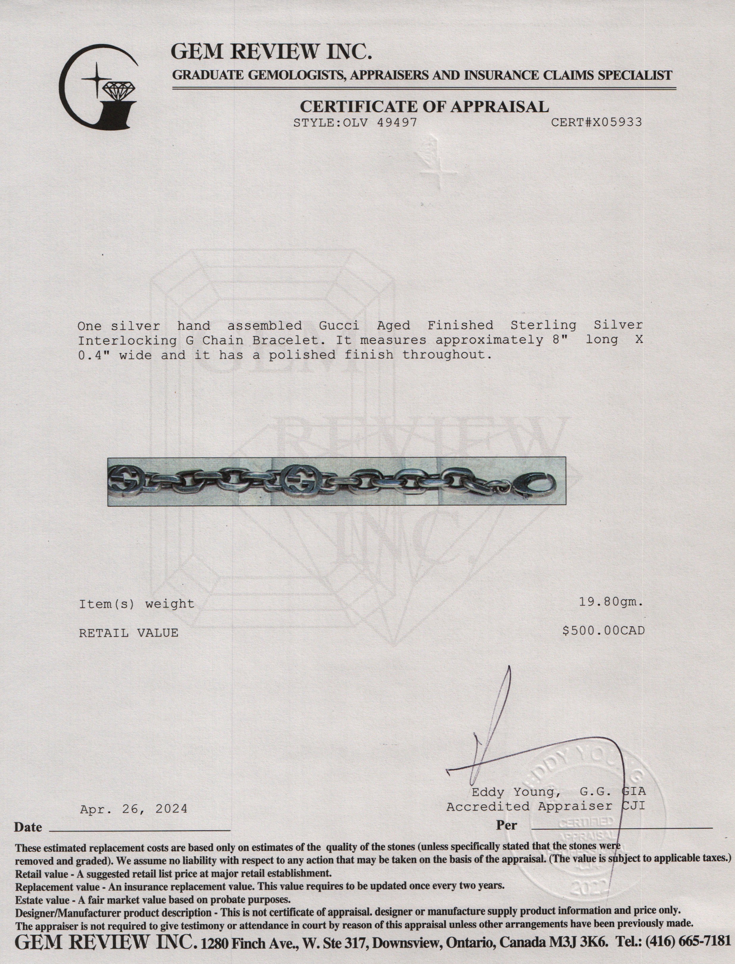 Gucci Aged Finished Sterling Silver Interlocking G Chain Bracelet w/ Box