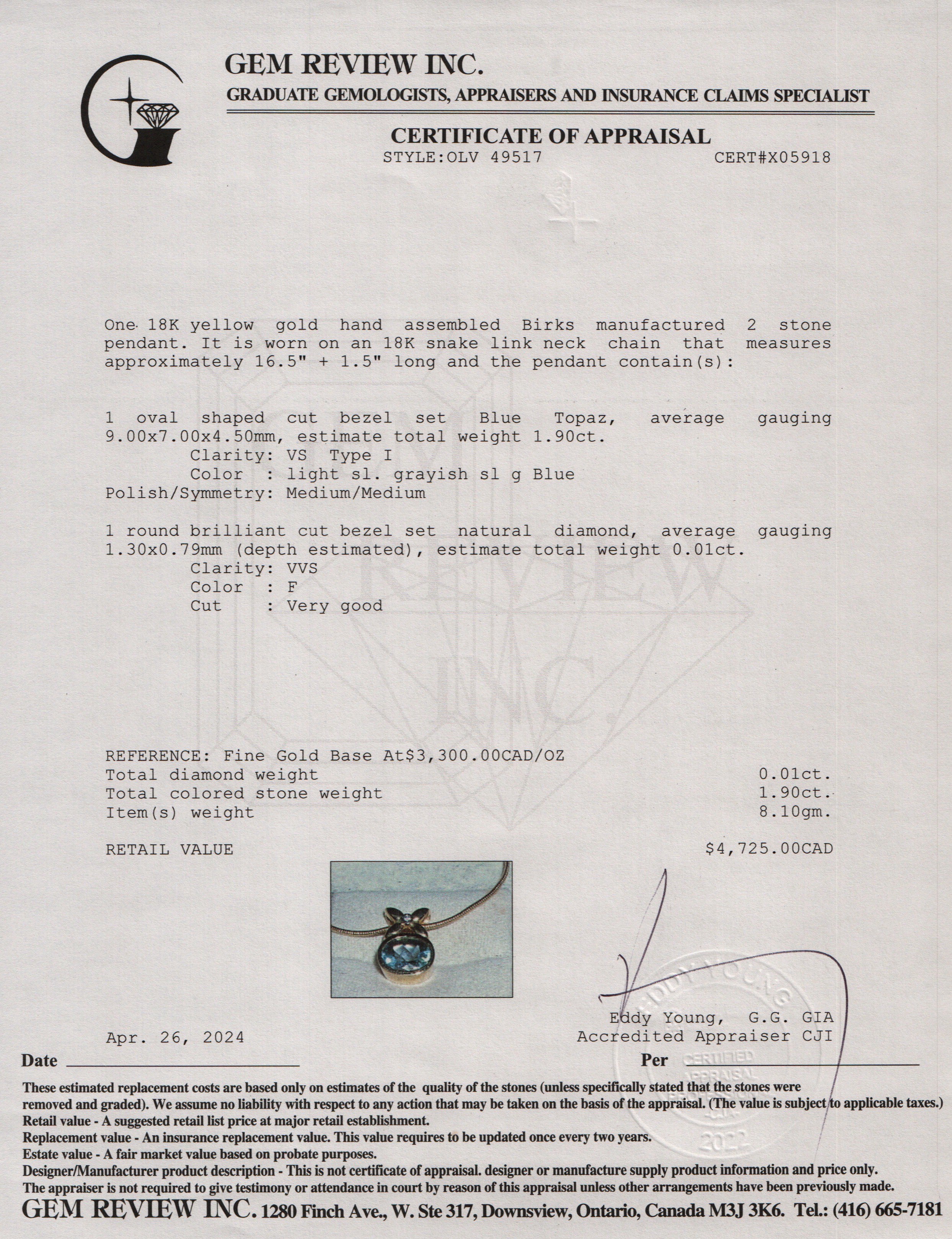 Birks 18k Gold Blue Topaz & Diamond Pendant Necklace