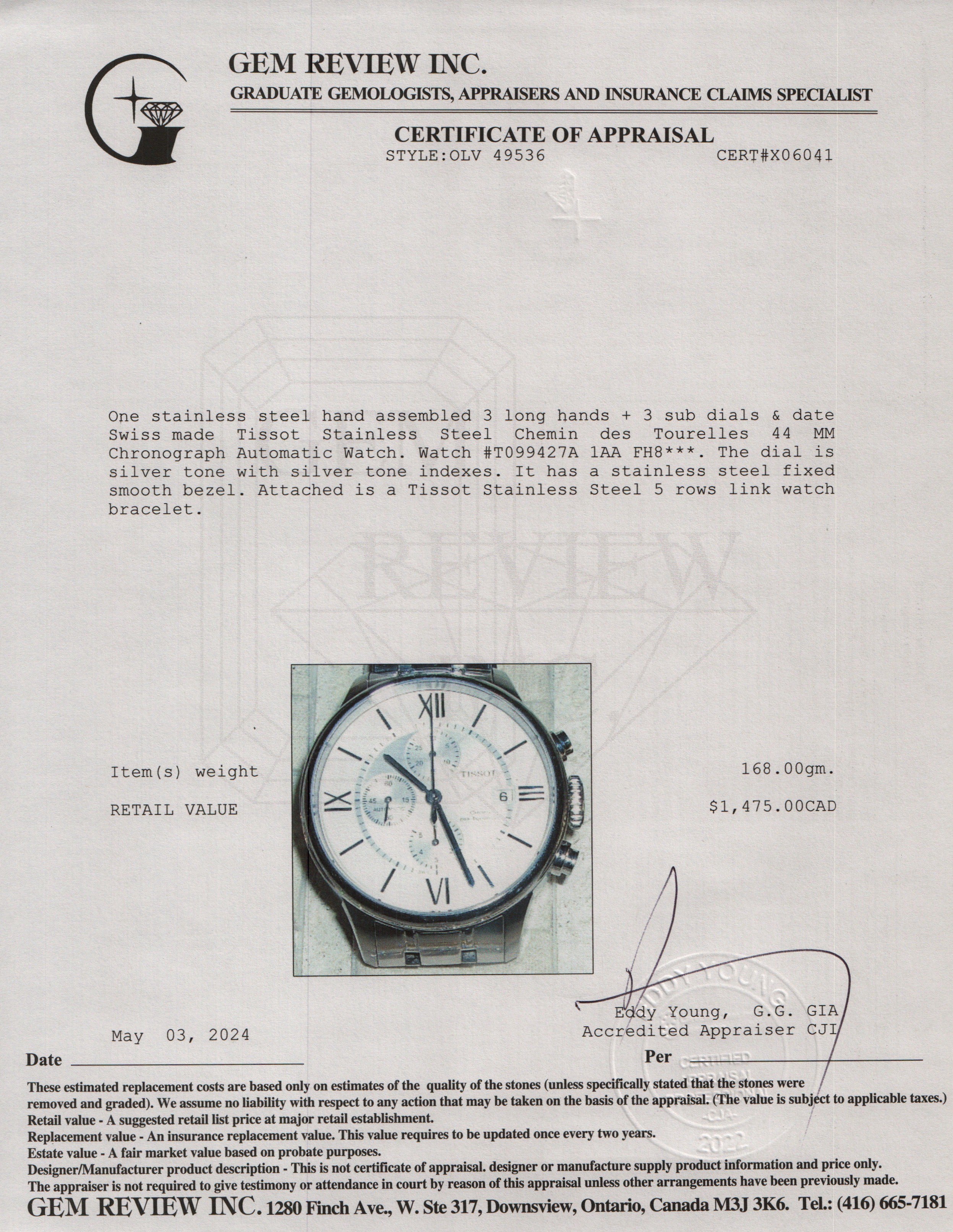 Tissot Stainless Steel Chemin des Tourelles 44 MM Chronograph Automatic Watch w/ Box & Papers