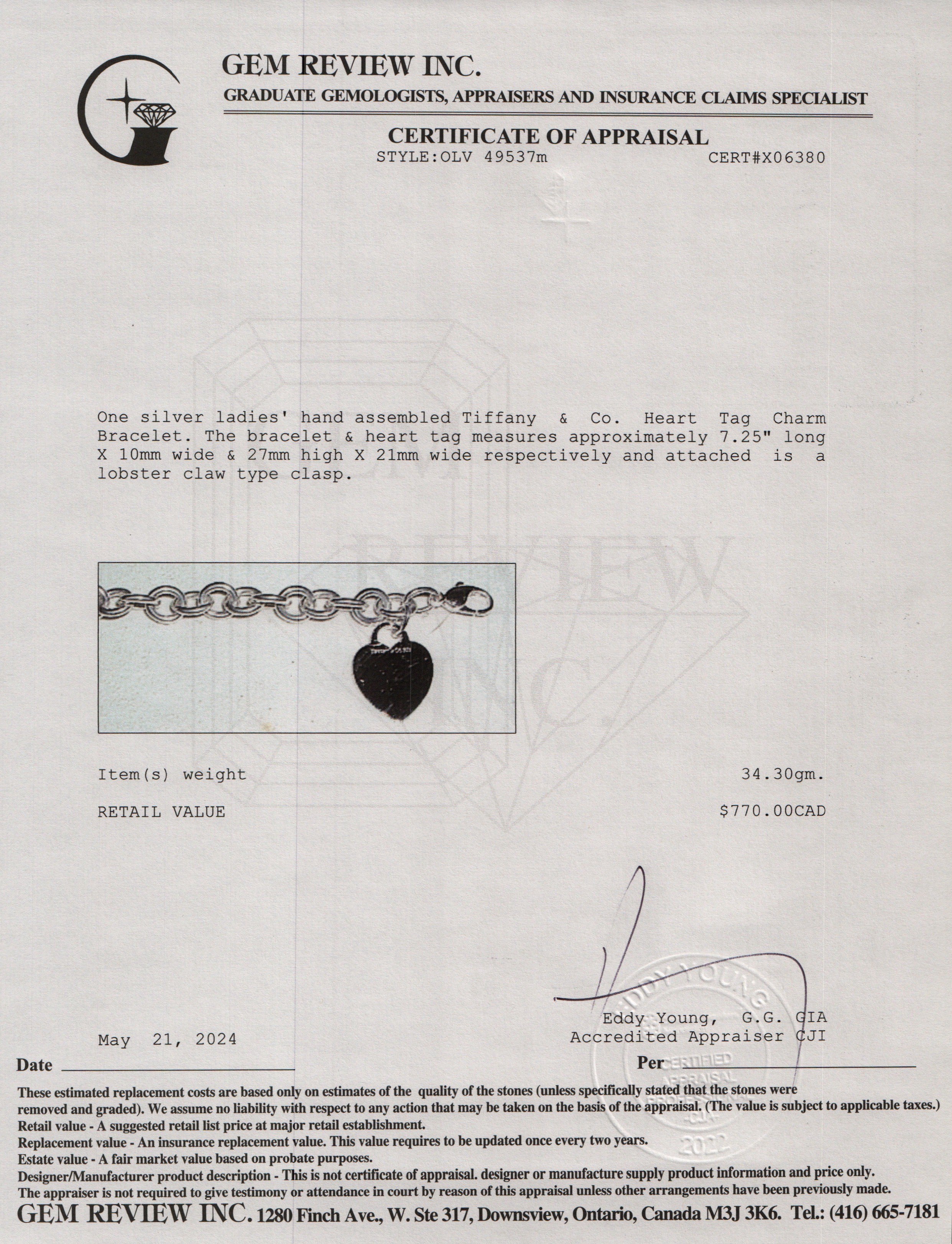 Tiffany & Co. Sterling Silver Heart Tag Charm Bracelet