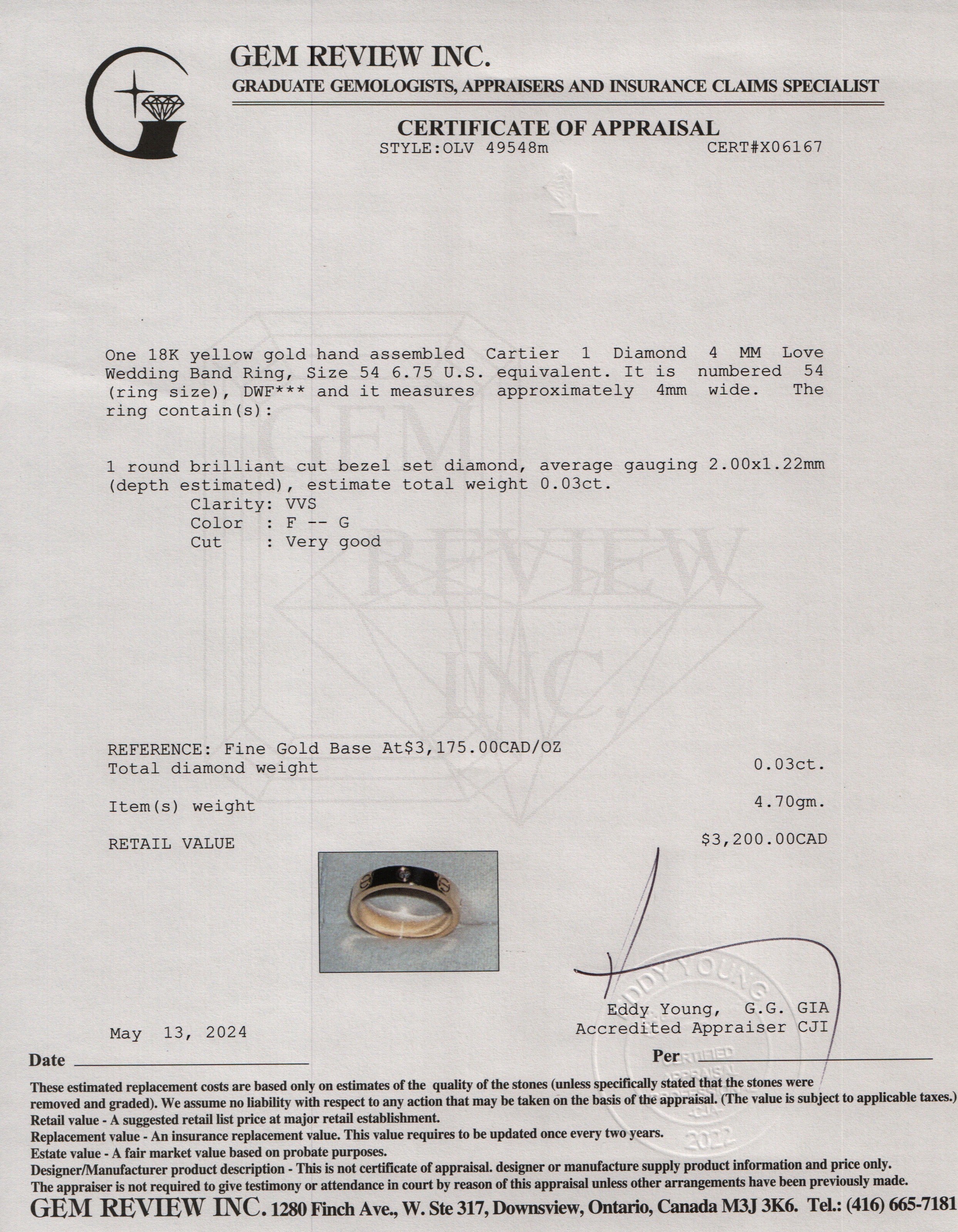 Cartier 18k Yellow Gold 1 Diamond 4 MM Love Wedding Band Ring, Size 54 6.75 w/ Box & Certificate