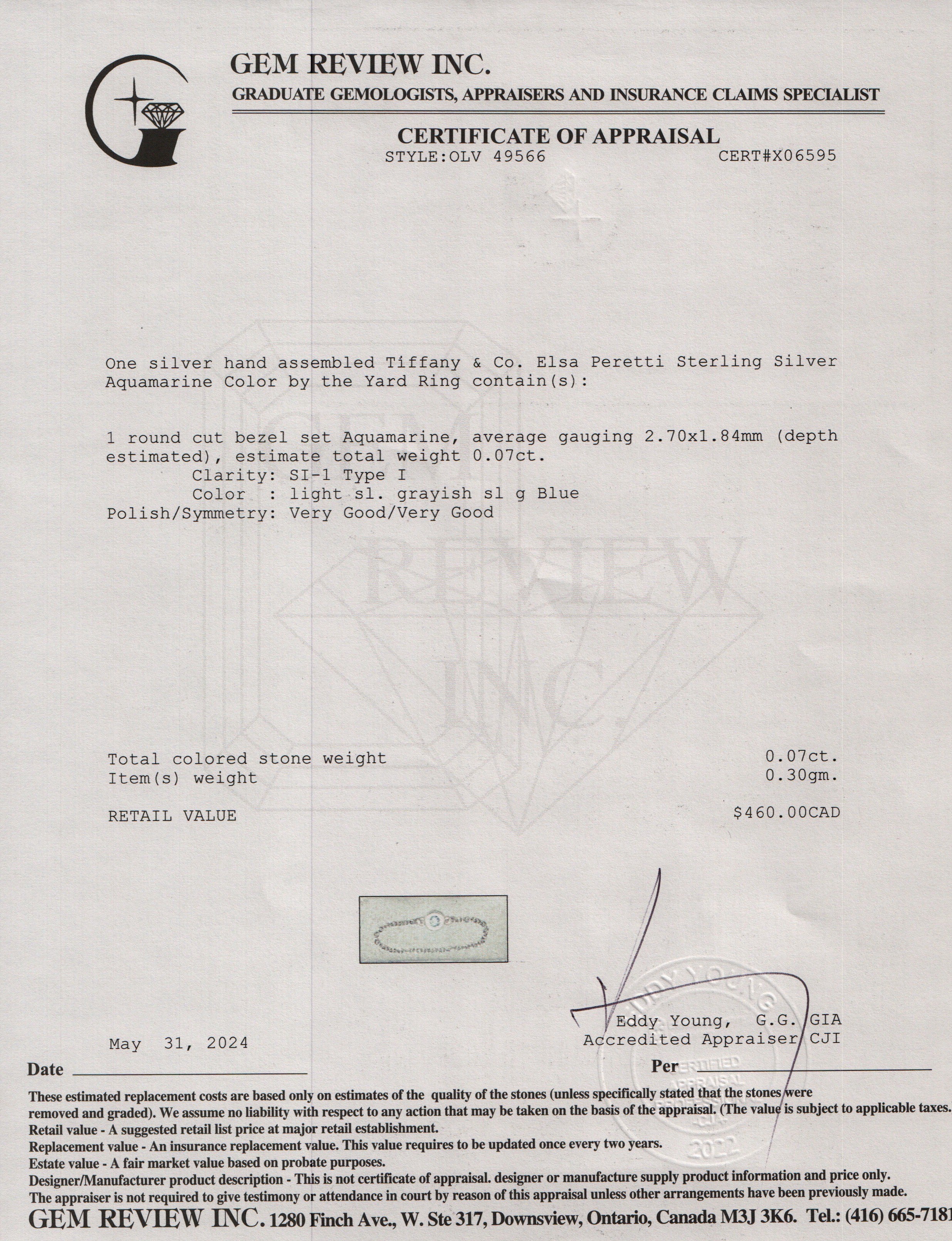 Tiffany & Co. Elsa Peretti Sterling Silver Aquamarine Color by the Yard Ring, Size 6.5