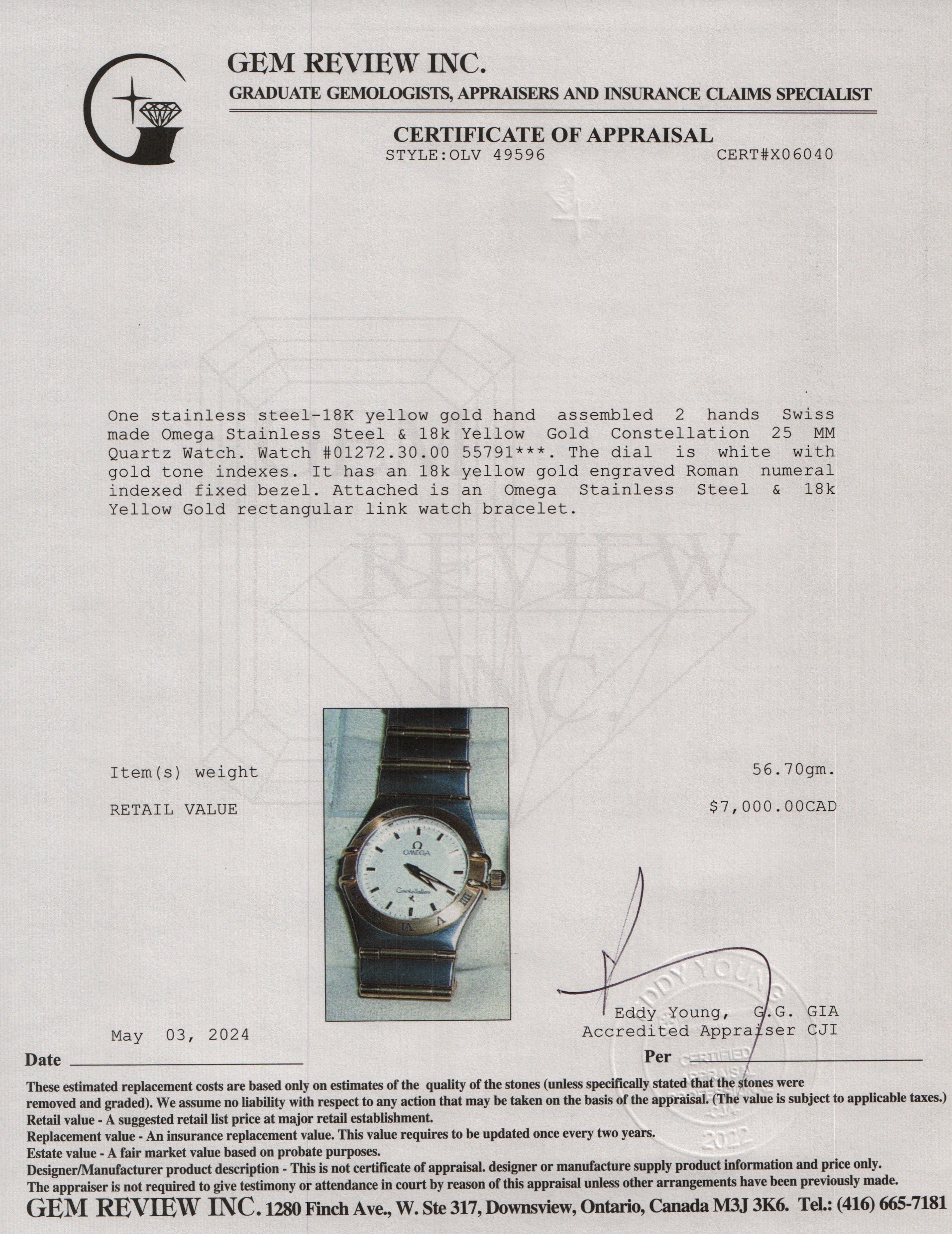 Omega Stainless Steel & 18k Yellow Gold Constellation 25 MM Quartz Watch w/ Box & Papers