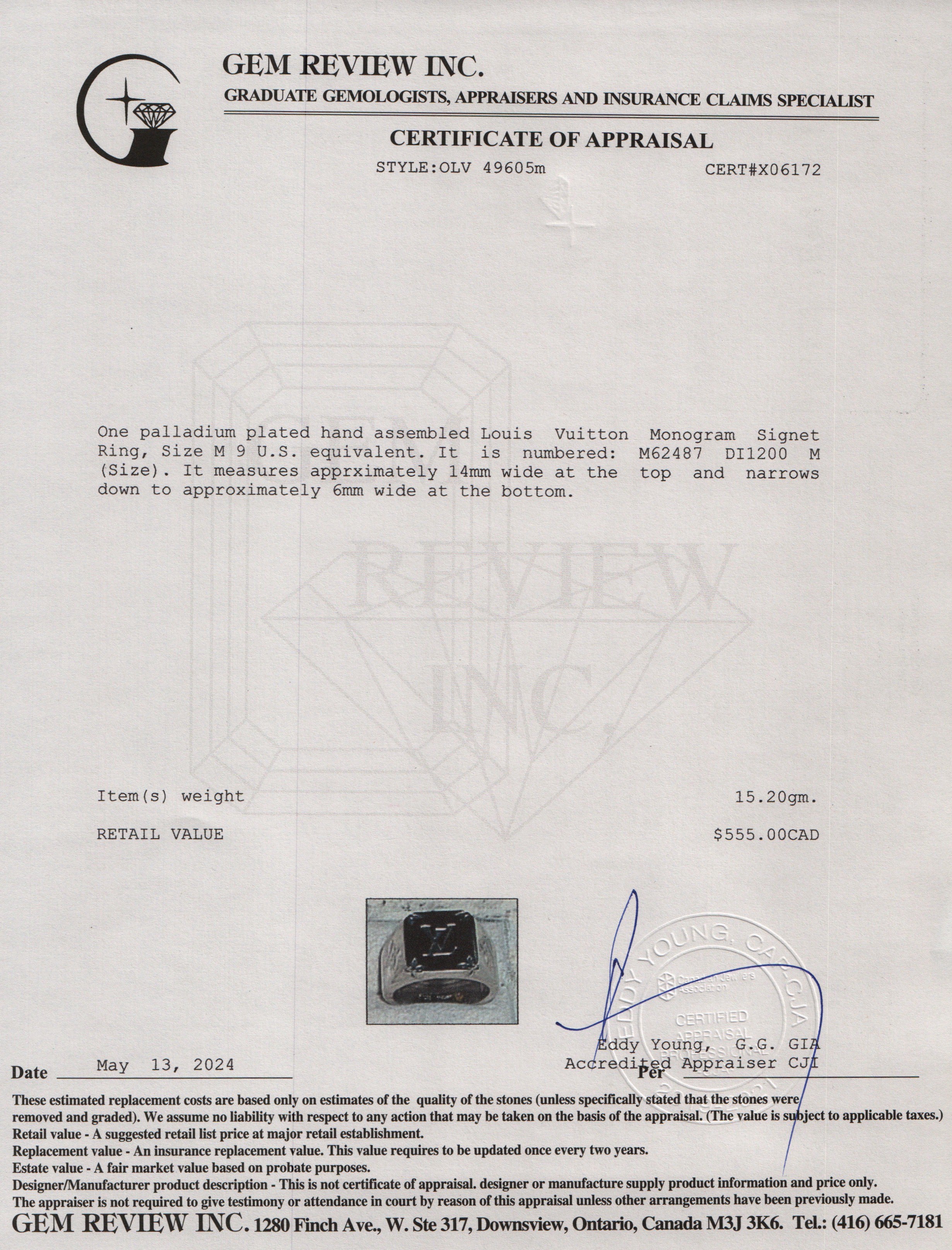 Louis Vuitton Palladium Plated Monogram Signet Ring, Size M 9