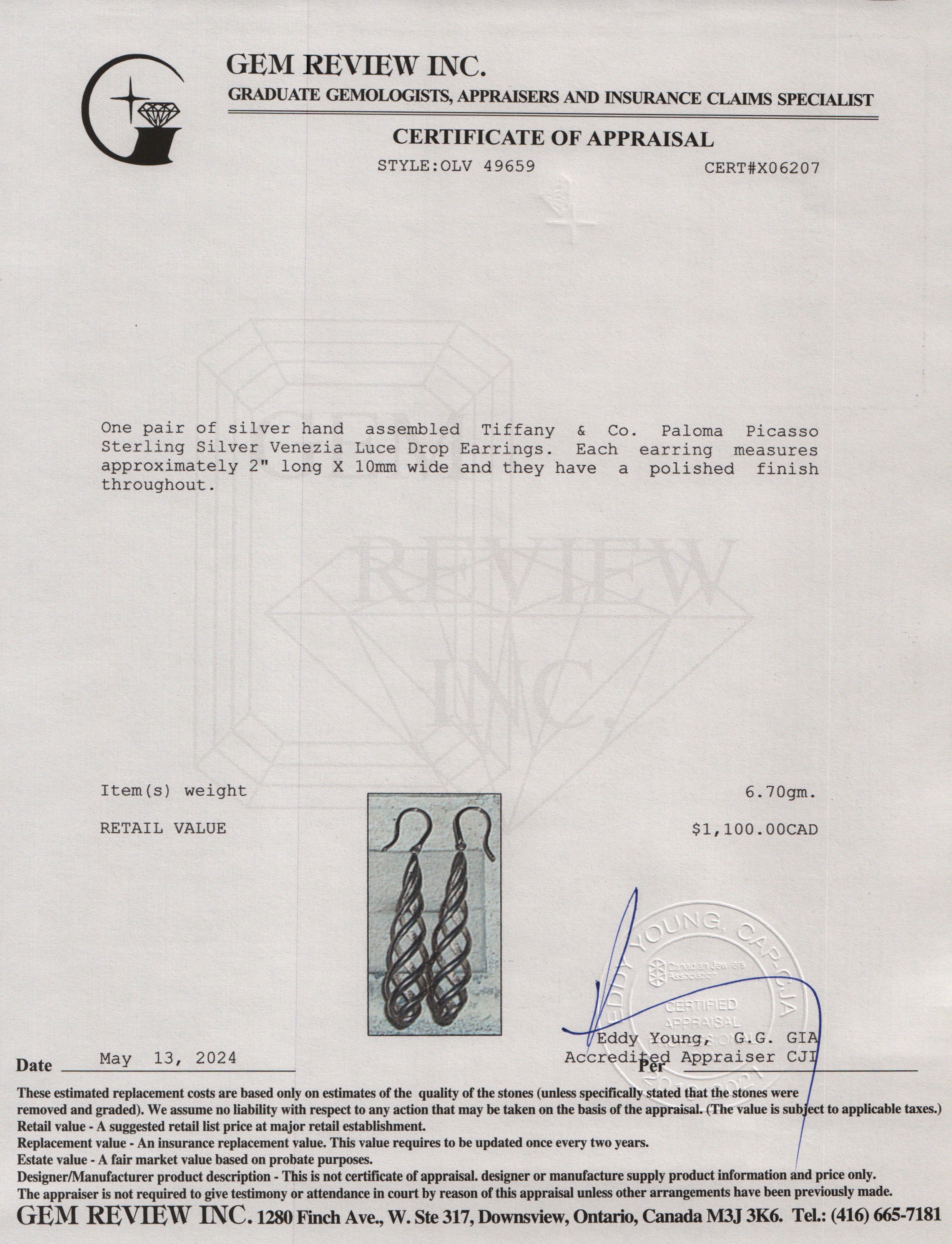 Tiffany & Co. Paloma Picasso Sterling Silver Venezia Luce Drop Earrings