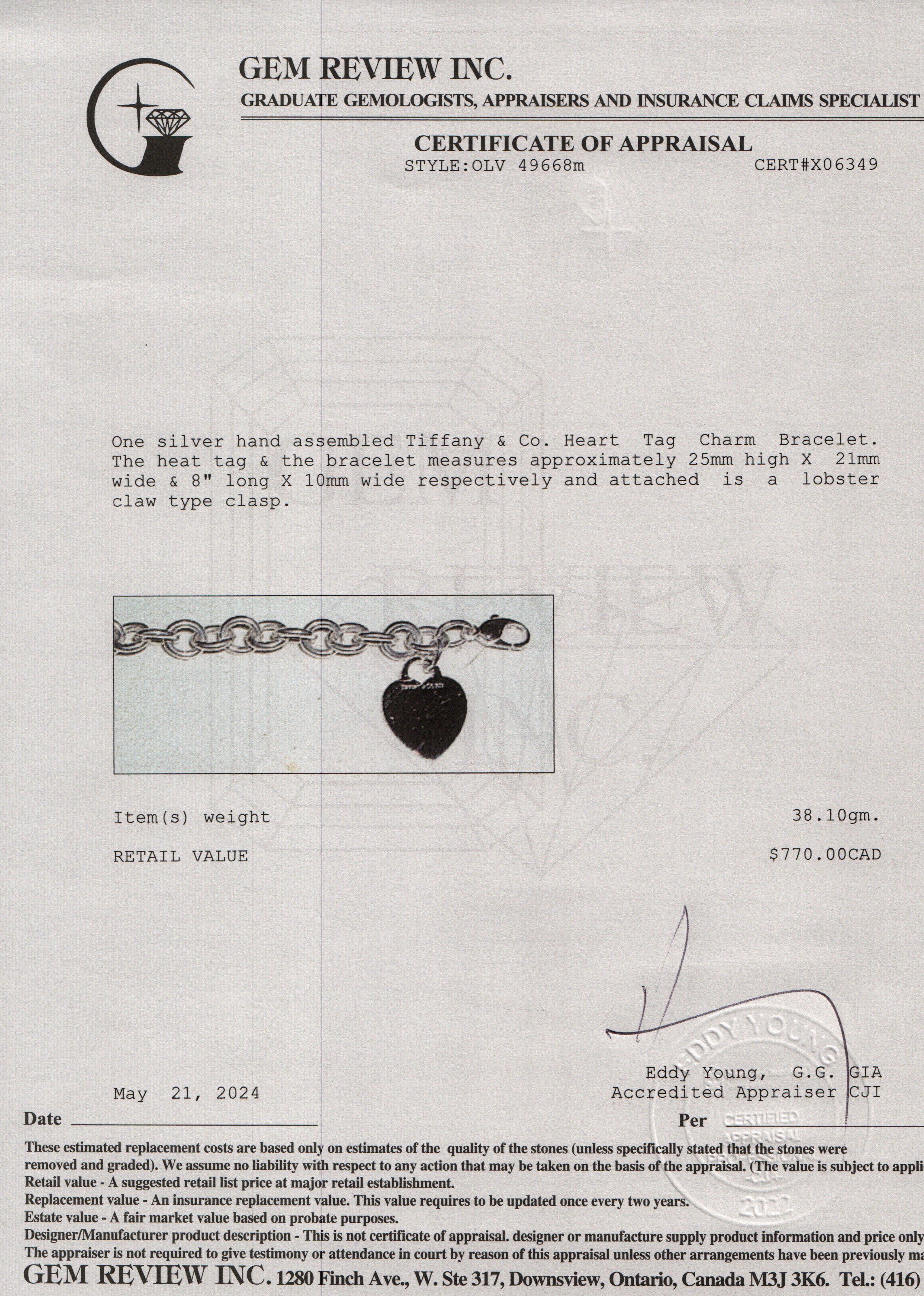 Tiffany & Co. Sterling Silver Heart Tag Charm Bracelet