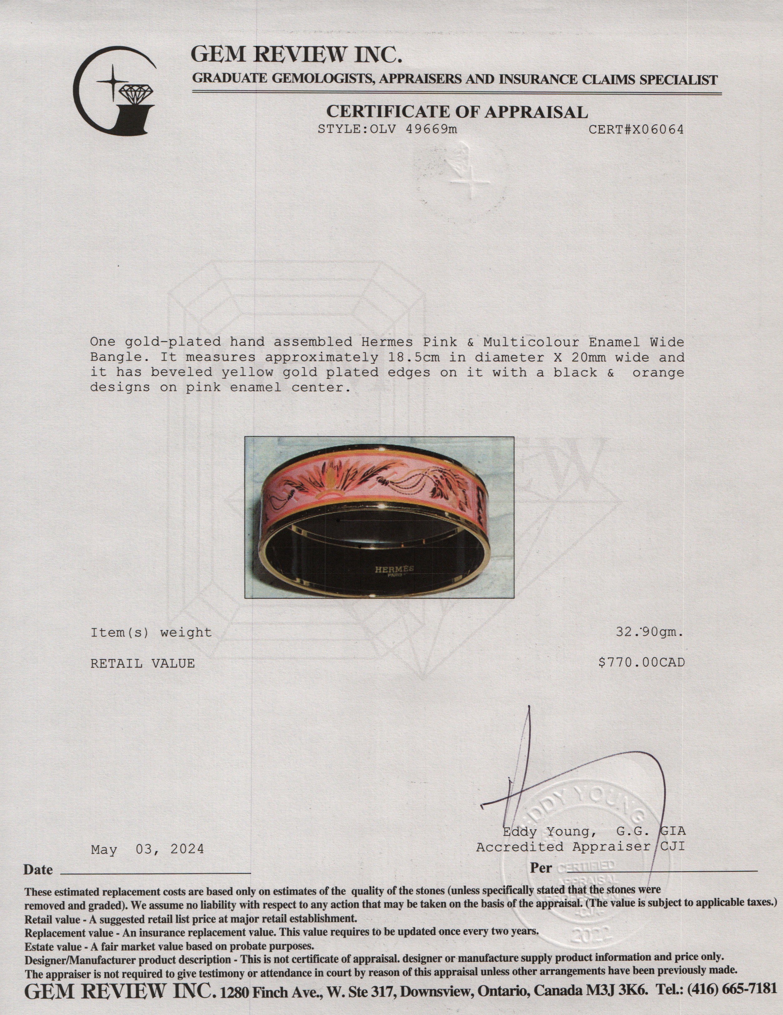 Hermes Gold-Plated Pink & Multicolour Enamel Wide Bangle