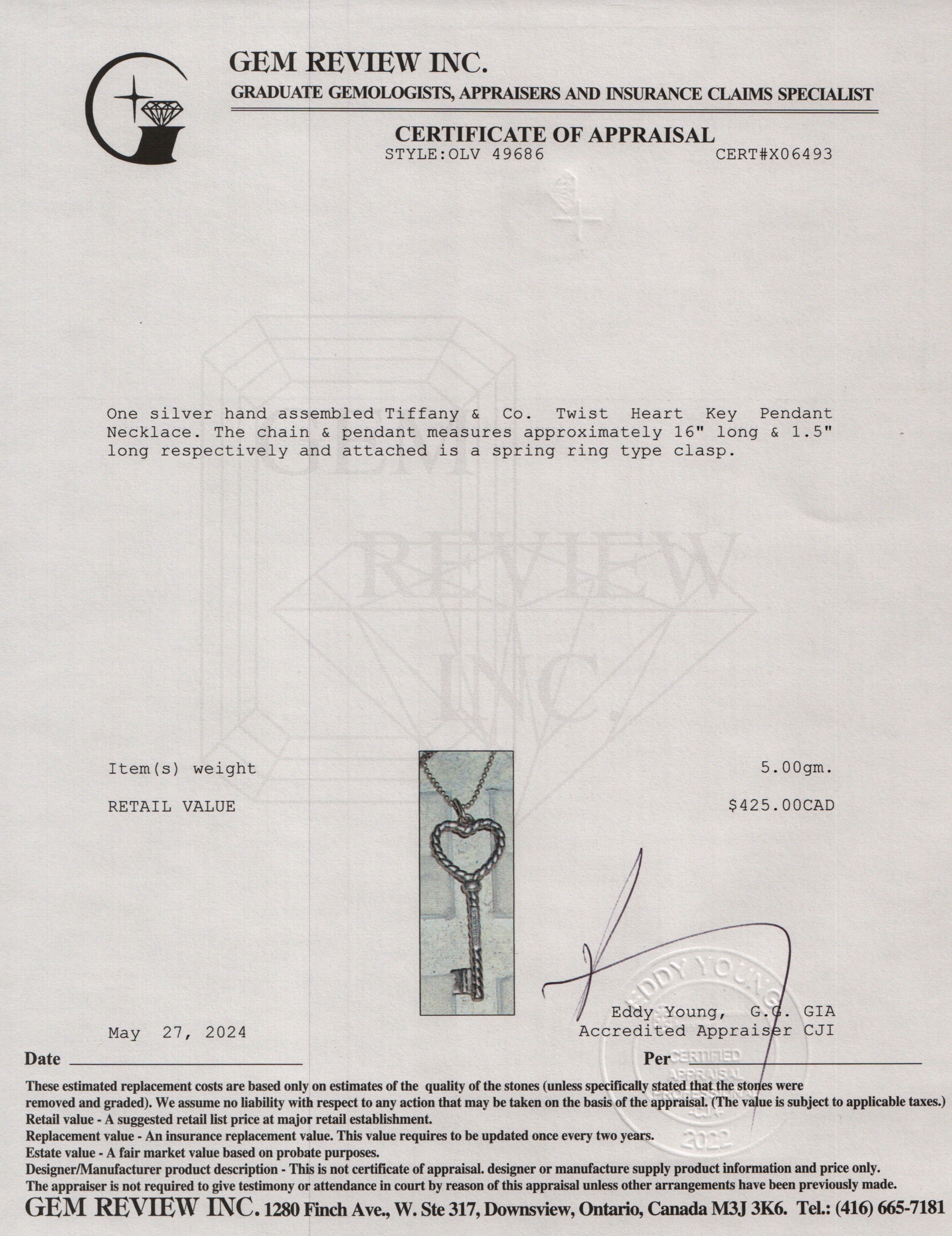 Tiffany & Co. Sterling Silver Twist Heart Key Pendant Necklace