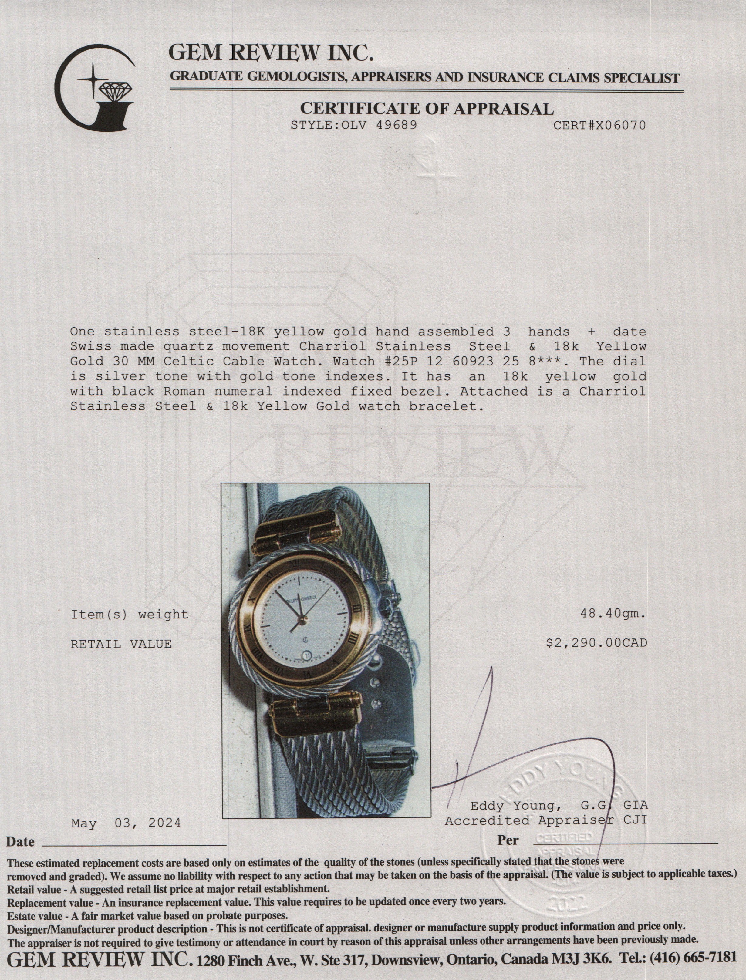 Charriol Stainless Steel & 18k Yellow Gold 30 MM Celtic Cable Watch w/ Case & Papers