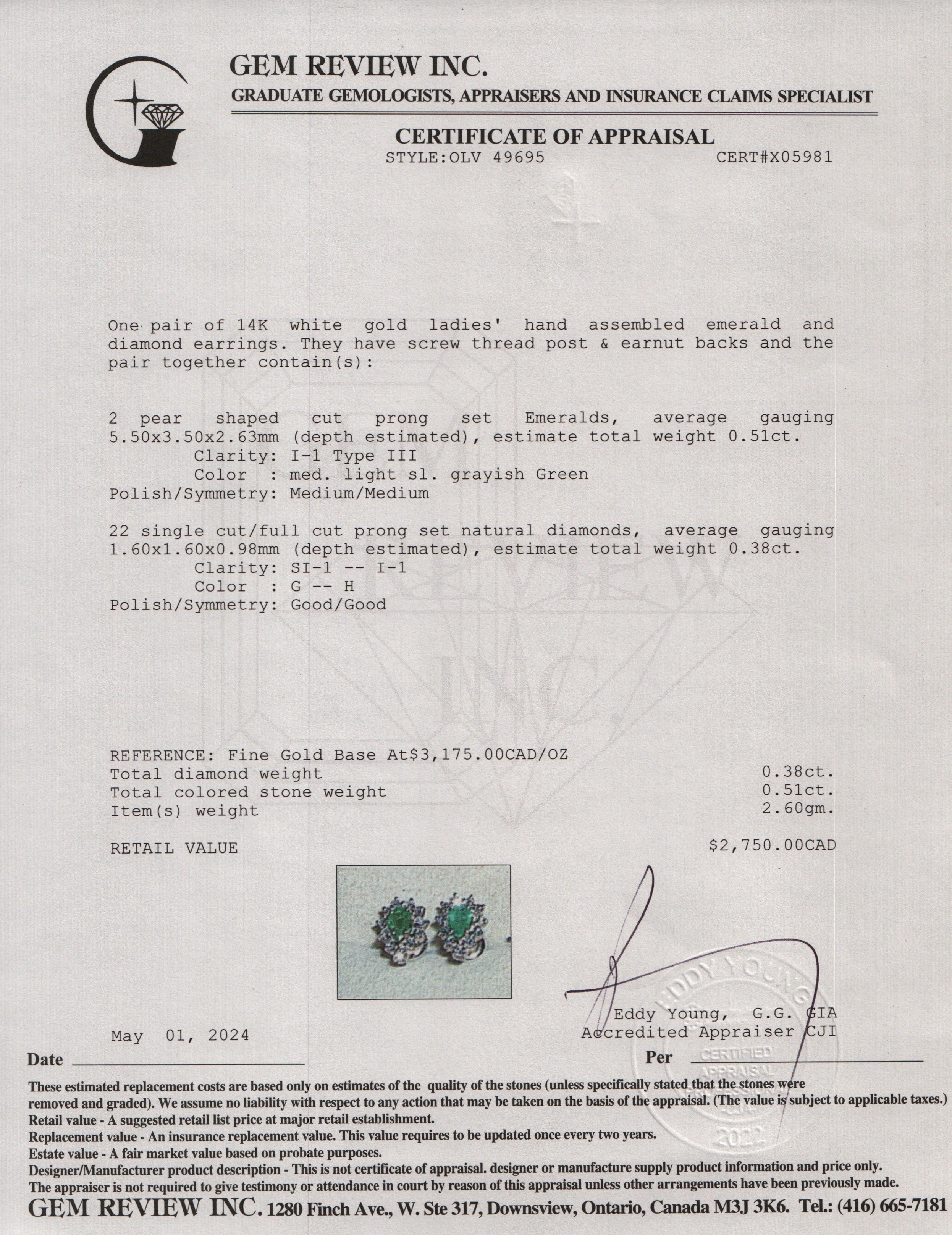 14k White Gold Emerald & Diamond Stud Earrings