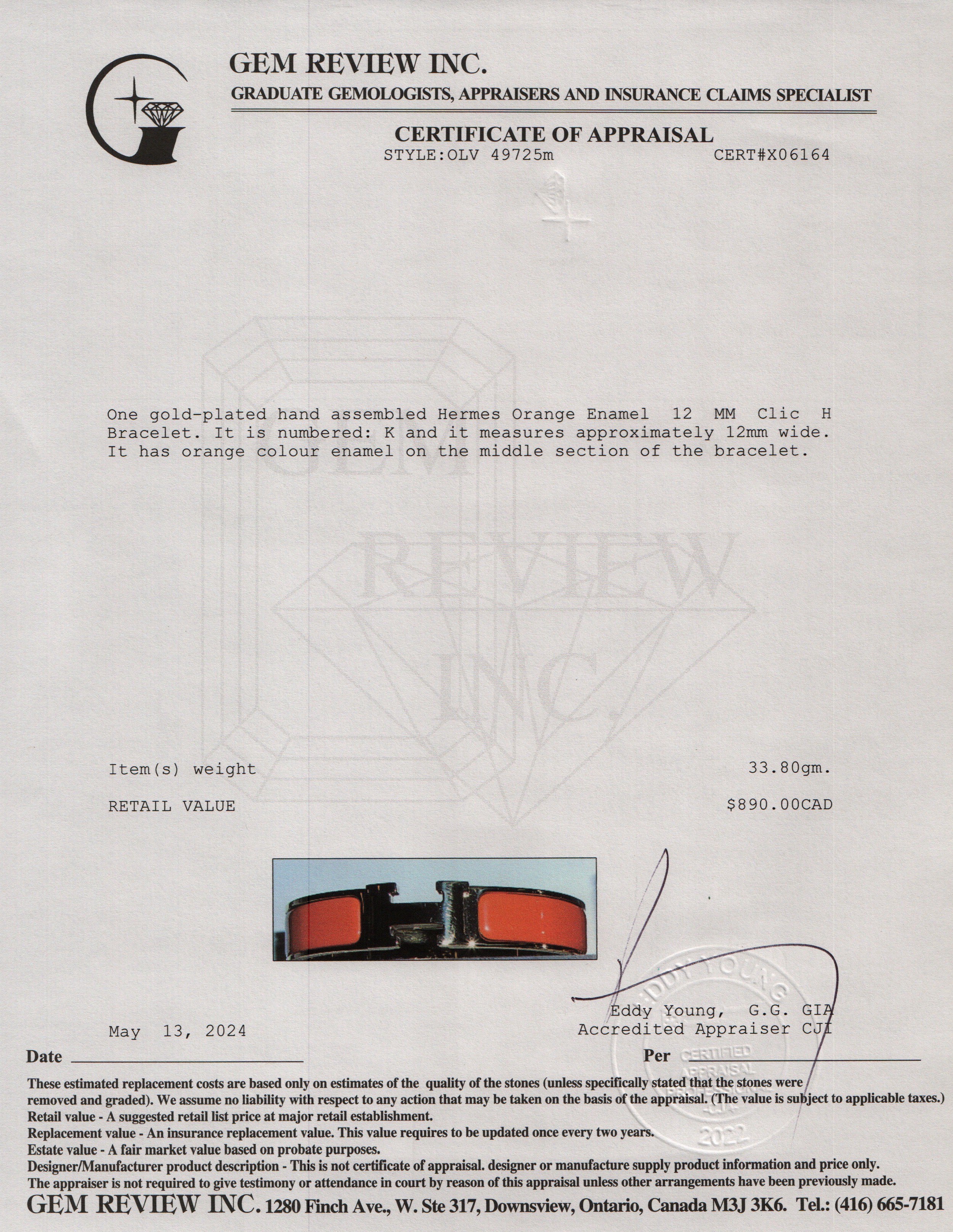 Hermes Gold-Plated Orange Enamel 12 MM Clic H Bracelet w/ Box